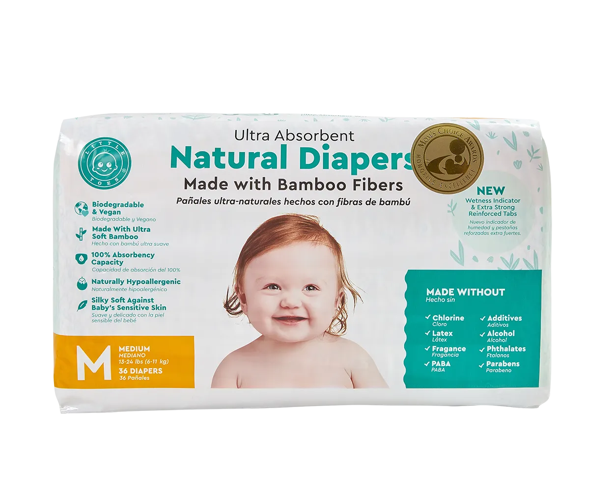Little Toes Disposable Biodegradable Bamboo Diapers - 36 Pack Size Newborn, Small, Medium and Large