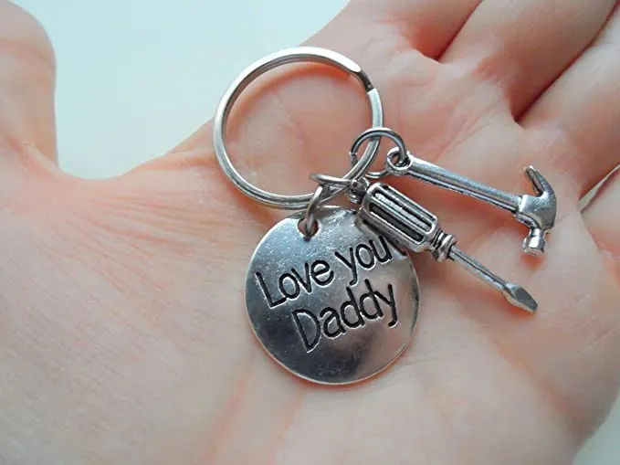 Love You Daddy Disc Keychain with Hammer & Screwdriver Charm, Father's Keychain