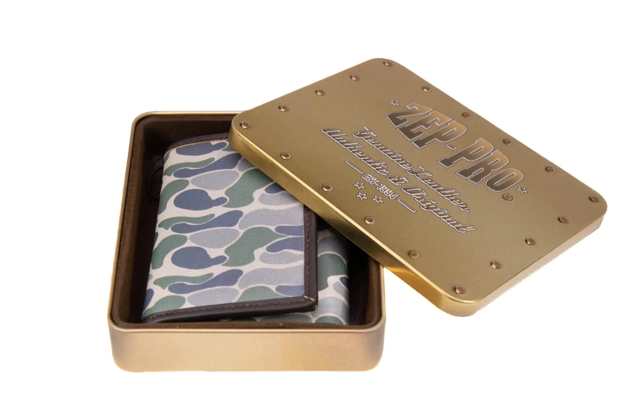 Mallard Men's Trifold Old School Camo Leather Wallet.