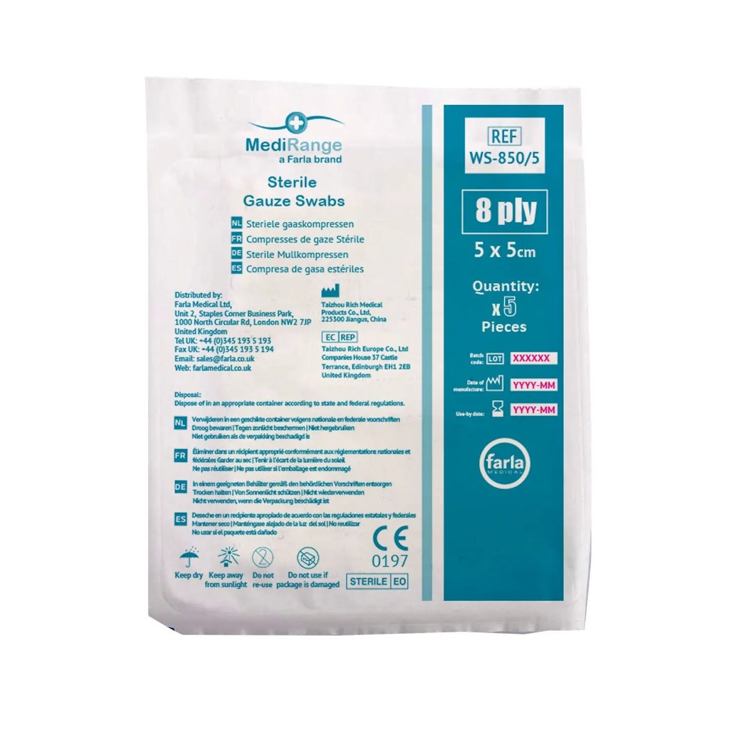 MediRange Gauze Swabs | 5 x 5cm | 8 ply | Pack of 50 Pouches