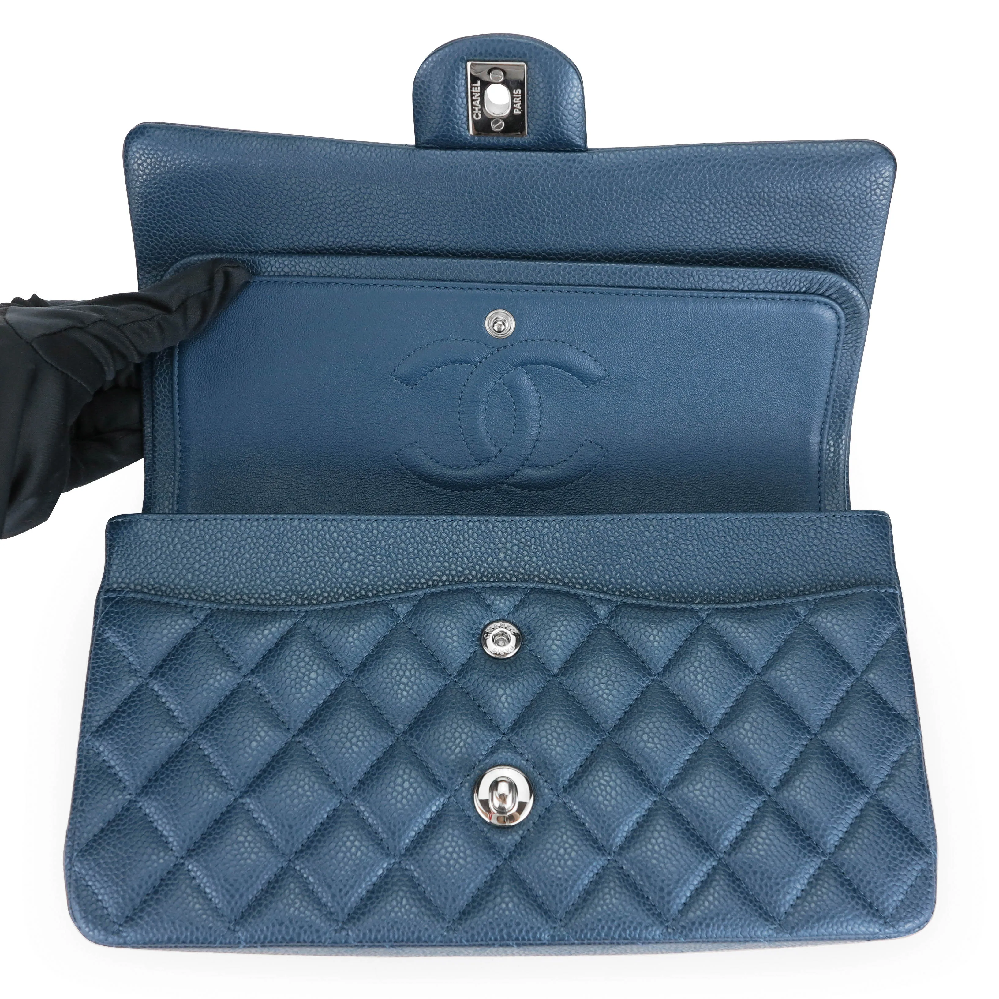 Medium Classic Double Flap Bag in 15C Pearly Blue Caviar
