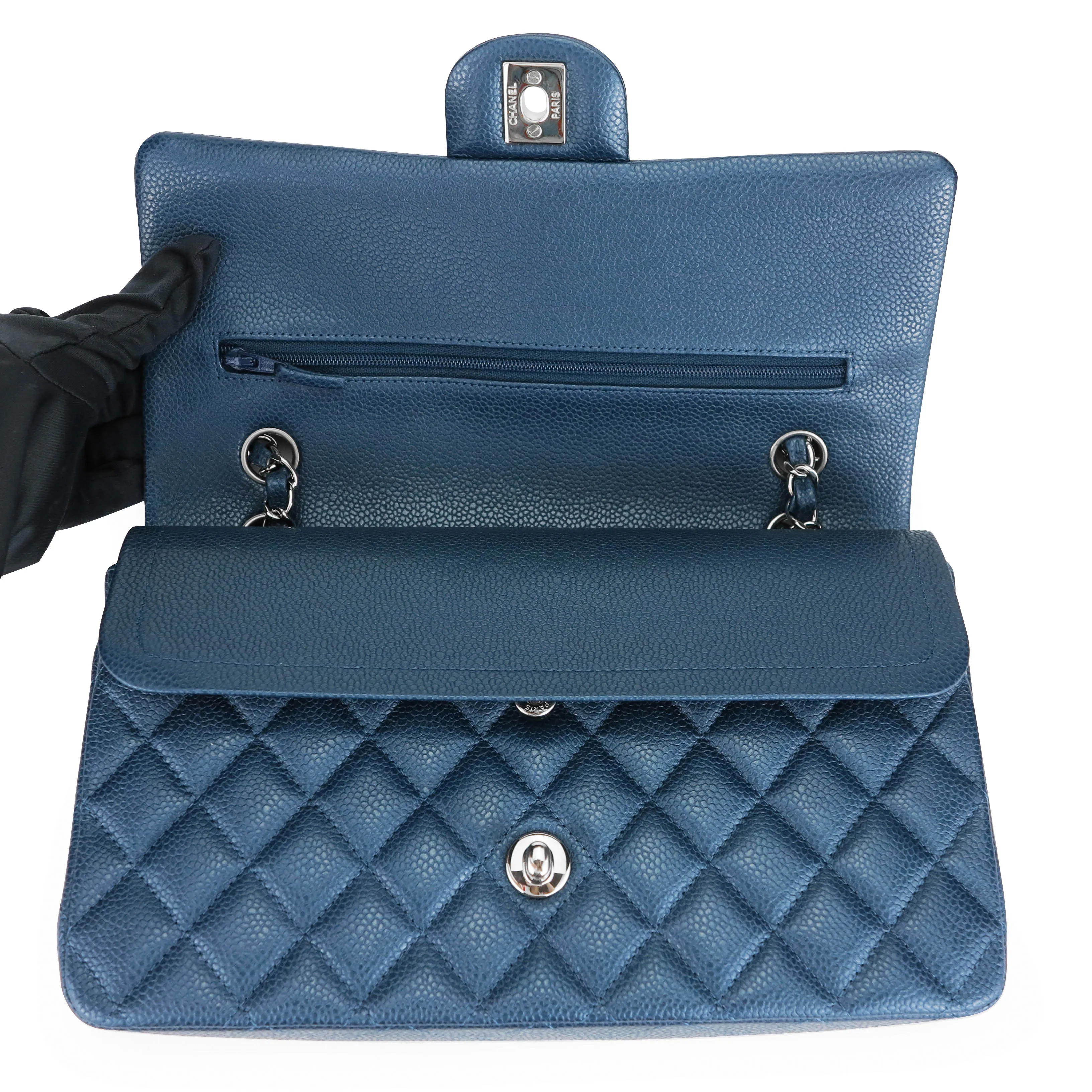 Medium Classic Double Flap Bag in 15C Pearly Blue Caviar