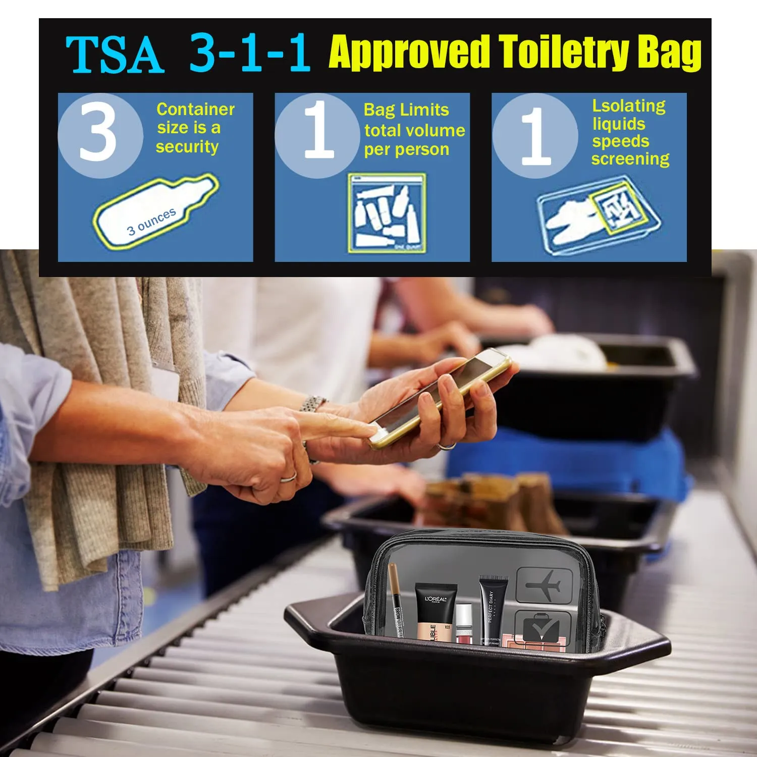 MODENGKONGJIAN TSA Approved Toiletry Bag, 3 Pcs Clear Toiletries Bags Quart Size Travel Makeup Cosmetic Bag for Women Men, Carry on Airport Airline Compliant Bag (Rose Gold)