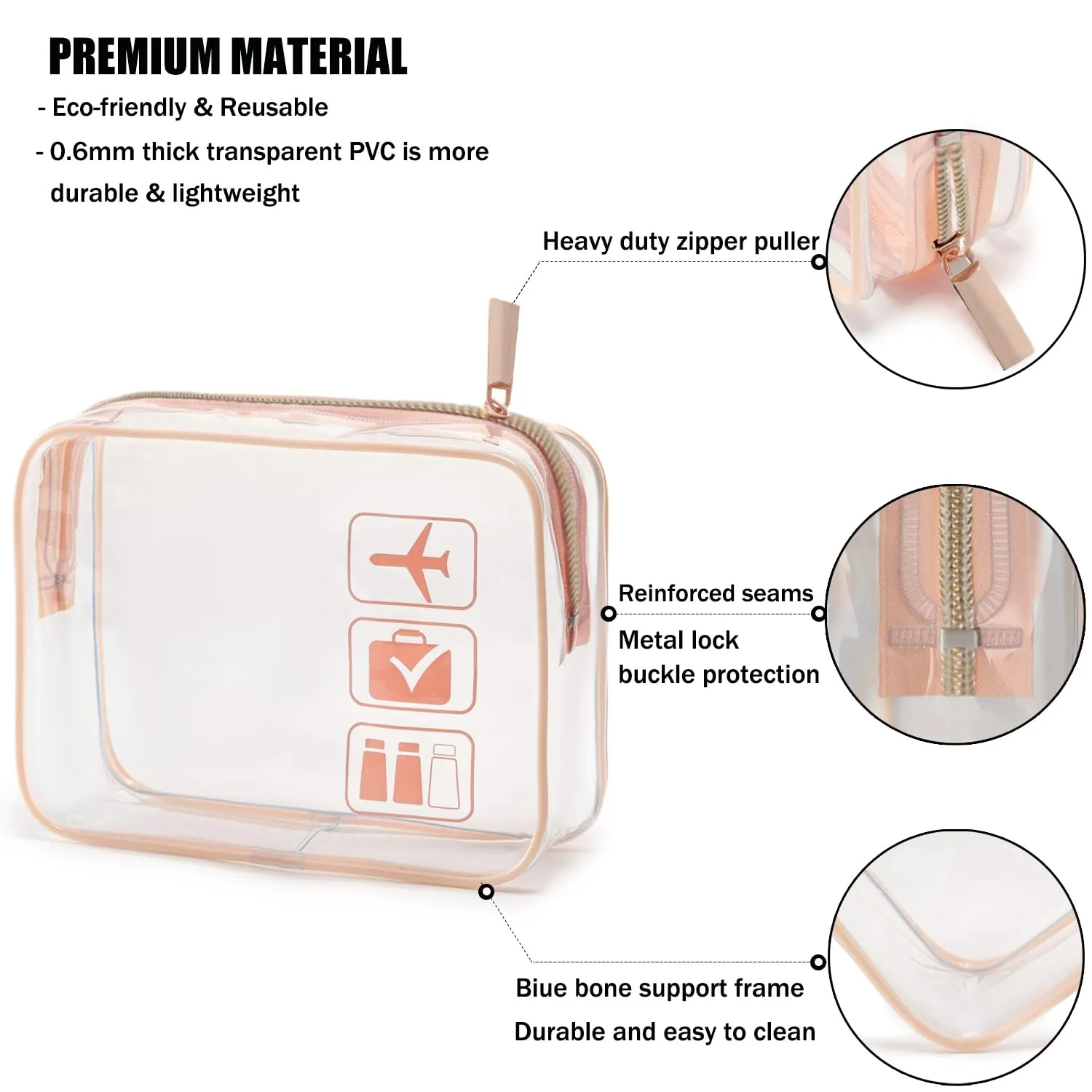 MODENGKONGJIAN TSA Approved Toiletry Bag, 3 Pcs Clear Toiletries Bags Quart Size Travel Makeup Cosmetic Bag for Women Men, Carry on Airport Airline Compliant Bag (Rose Gold)