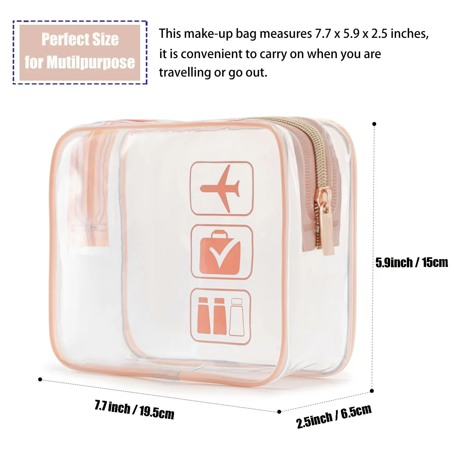 MODENGKONGJIAN TSA Approved Toiletry Bag, 3 Pcs Clear Toiletries Bags Quart Size Travel Makeup Cosmetic Bag for Women Men, Carry on Airport Airline Compliant Bag (Rose Gold)