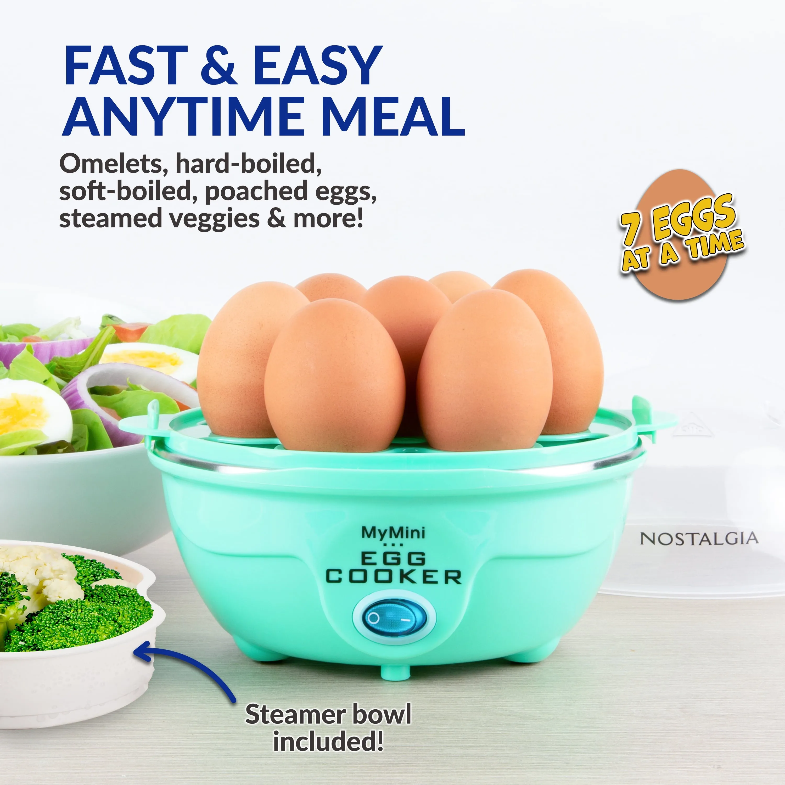 MyMini Premium 7-Egg Capacity Cooker Large, Compact Design, MEC7TL, White & Teal
