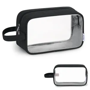 Narwey Clear Travel Toiletry Bags for Traveling Toiletries Men Women, Clear Makeup Bag Cosmetic Bag with Zipper, Make Up Pouch Organizer Bags with Handle, Skincare Bag (Black)