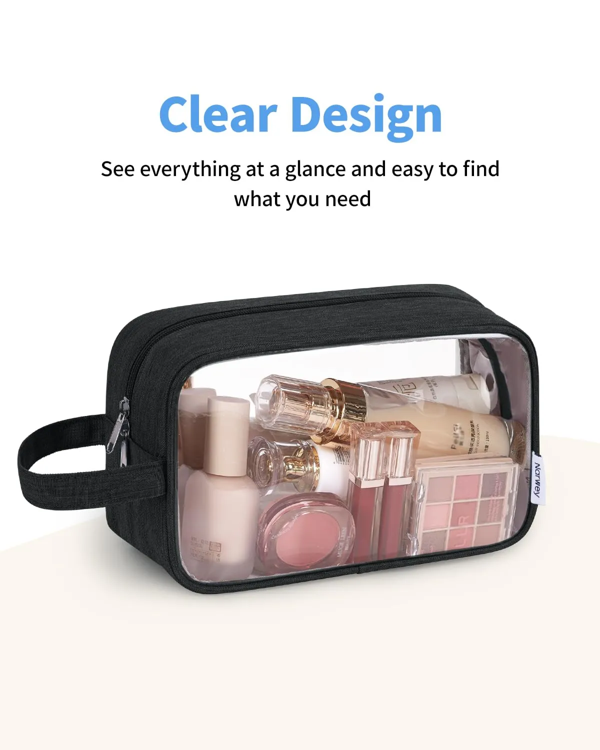 Narwey Clear Travel Toiletry Bags for Traveling Toiletries Men Women, Clear Makeup Bag Cosmetic Bag with Zipper, Make Up Pouch Organizer Bags with Handle, Skincare Bag (Black)