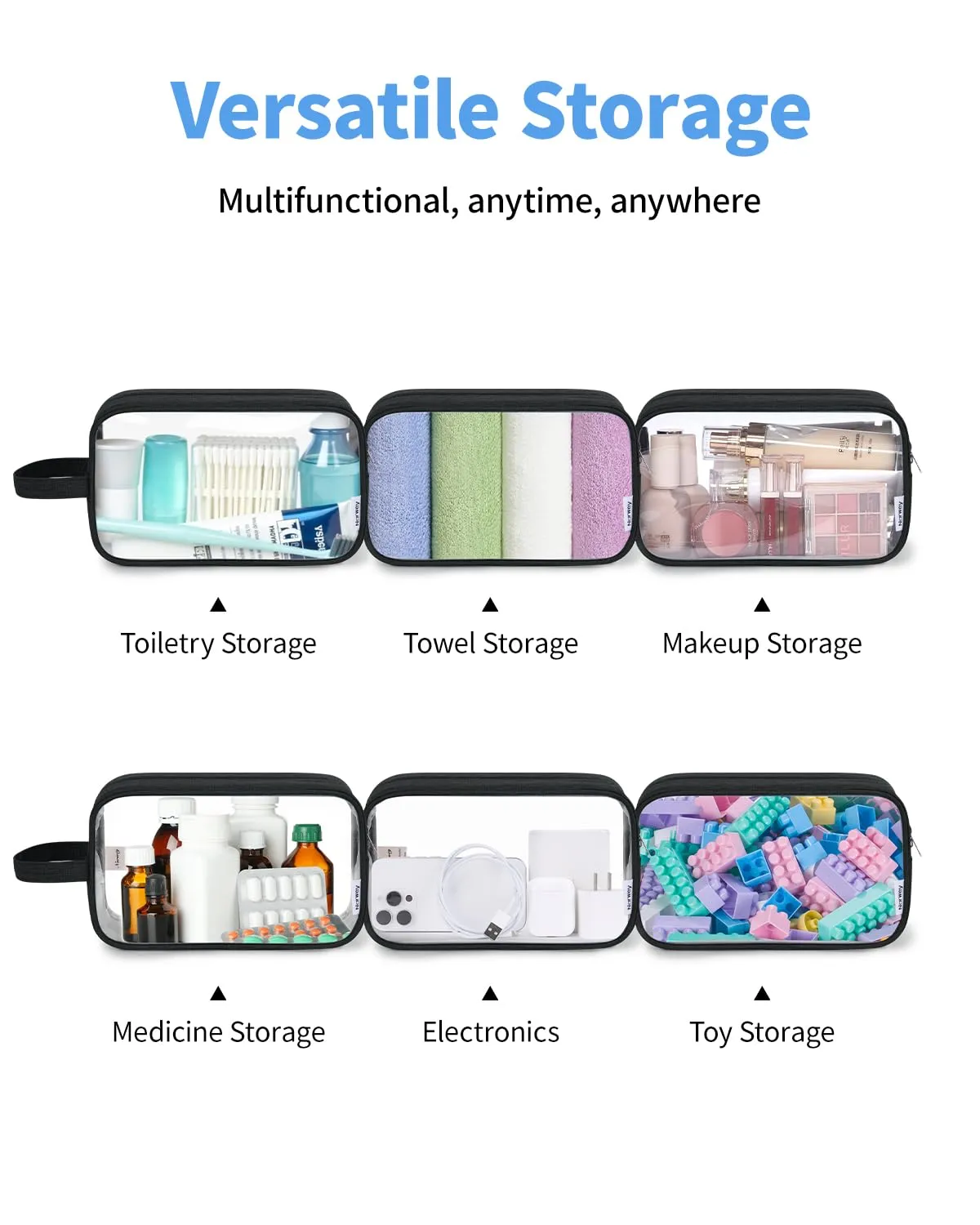 Narwey Clear Travel Toiletry Bags for Traveling Toiletries Men Women, Clear Makeup Bag Cosmetic Bag with Zipper, Make Up Pouch Organizer Bags with Handle, Skincare Bag (Black)