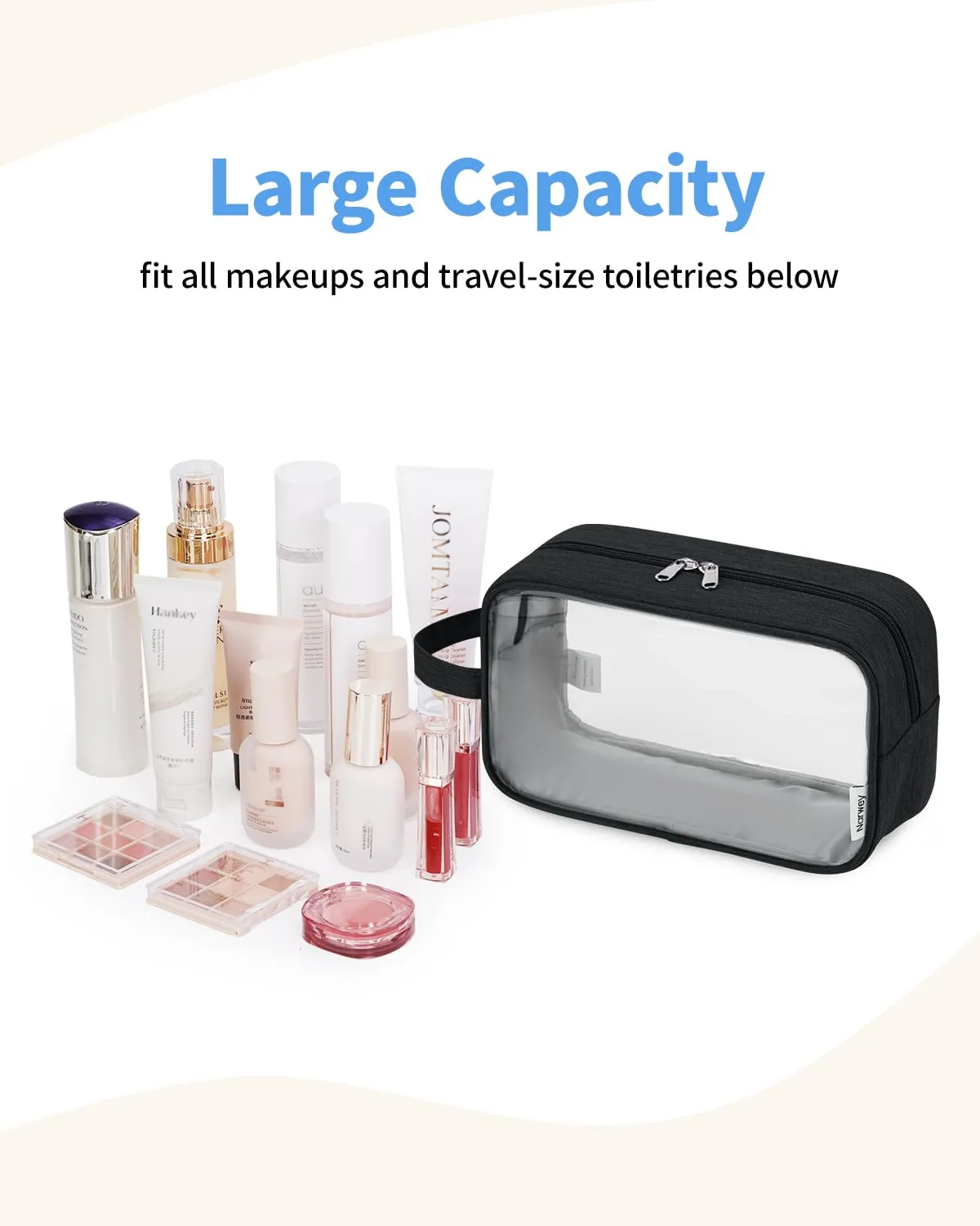 Narwey Clear Travel Toiletry Bags for Traveling Toiletries Men Women, Clear Makeup Bag Cosmetic Bag with Zipper, Make Up Pouch Organizer Bags with Handle, Skincare Bag (Black)