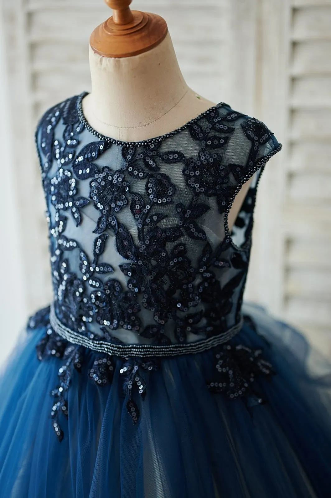 Navy Blue Tulle Organza V Back Wedding Flower Girl Dress, Beading