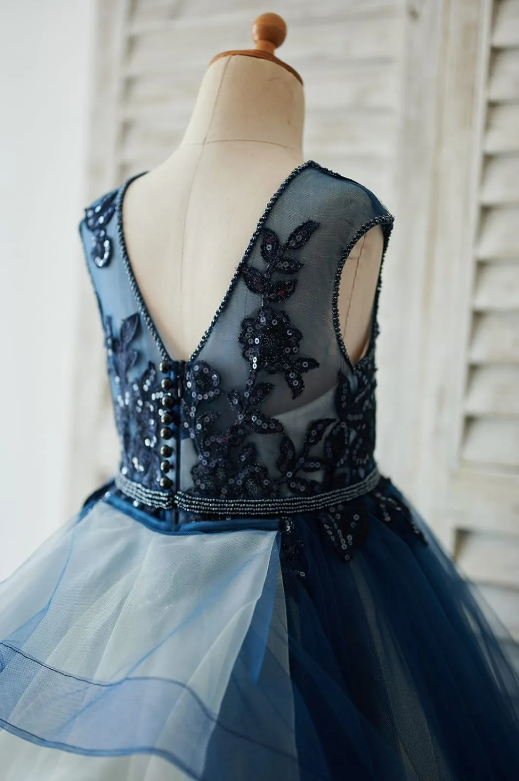 Navy Blue Tulle Organza V Back Wedding Flower Girl Dress, Beading