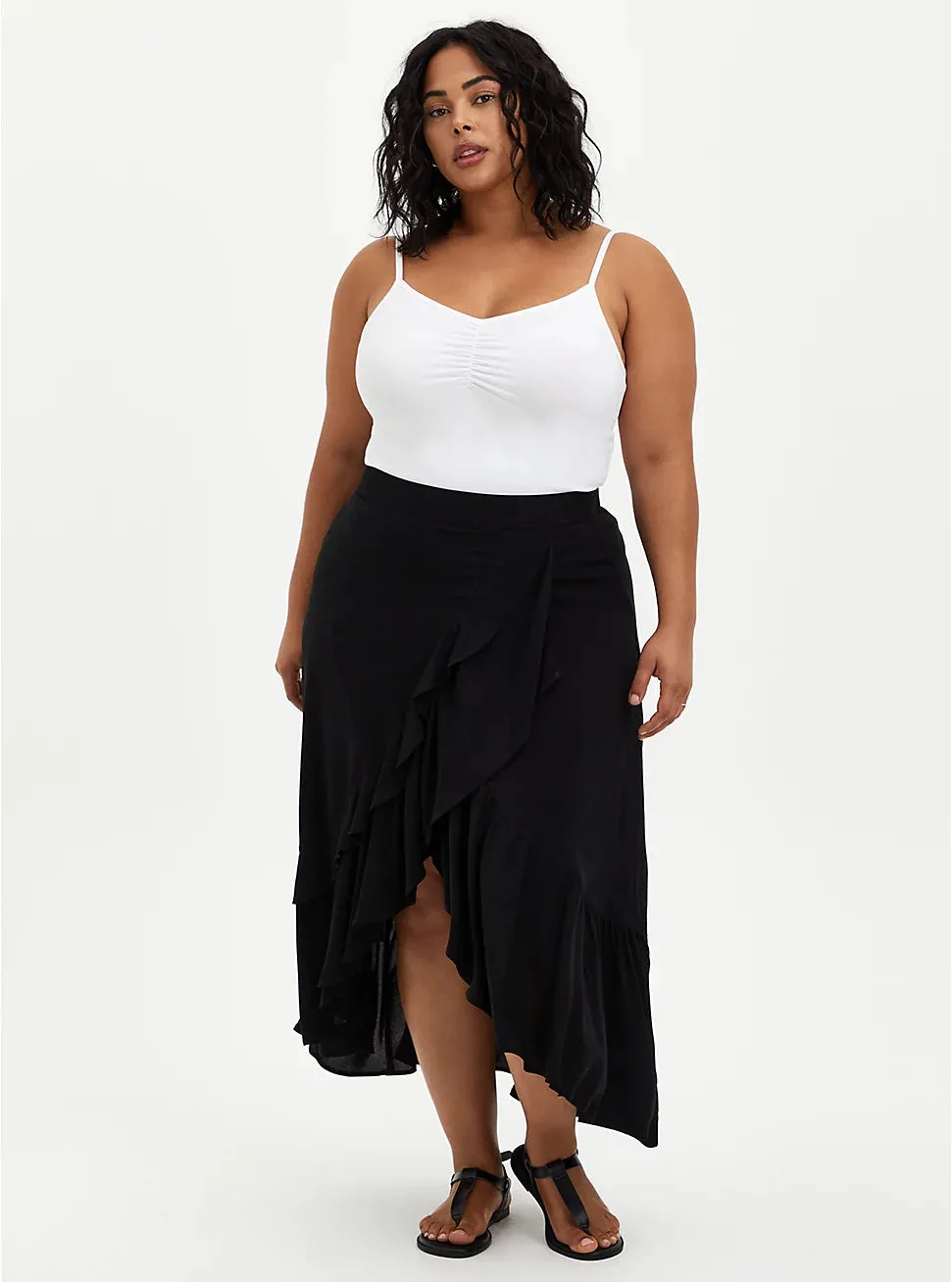 New Torrid Women's CHALLIS RUFFLE HEM HI-LO MAXI SKIRT, Black, 2X-Large Retails $70 