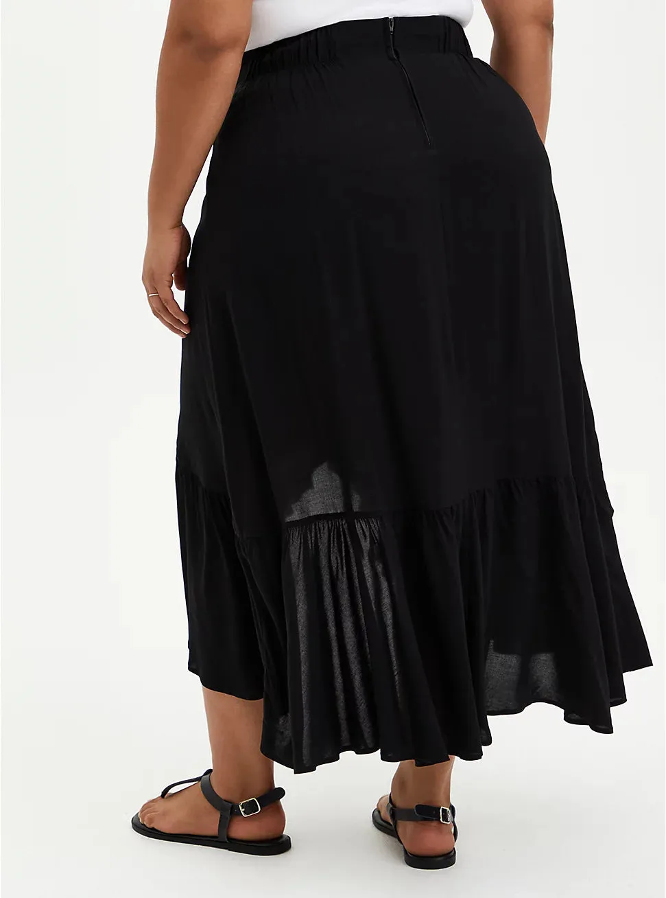 New Torrid Women's CHALLIS RUFFLE HEM HI-LO MAXI SKIRT, Black, 2X-Large Retails $70 