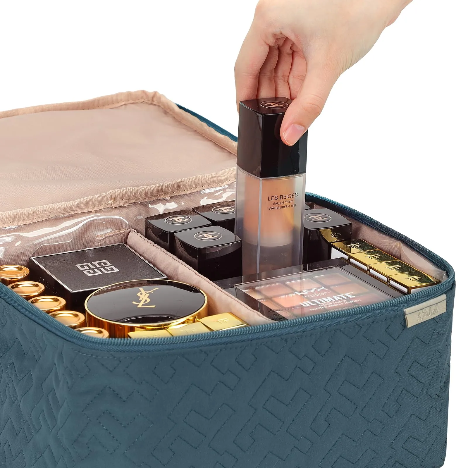 NISHEL Large Double Layer Travel Makeup Bag Women, Cosmetic Case, Organizer for Travel-Size Accessories Bottles, Brushes, Conditioner, and Skin Care Products, Lake Blue