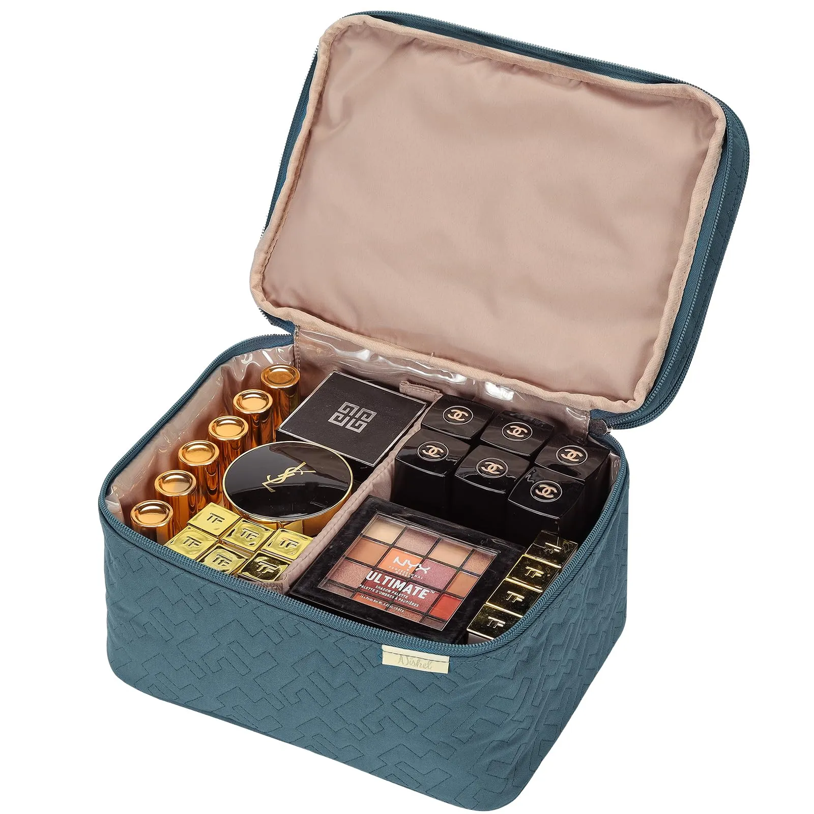 NISHEL Large Double Layer Travel Makeup Bag Women, Cosmetic Case, Organizer for Travel-Size Accessories Bottles, Brushes, Conditioner, and Skin Care Products, Lake Blue