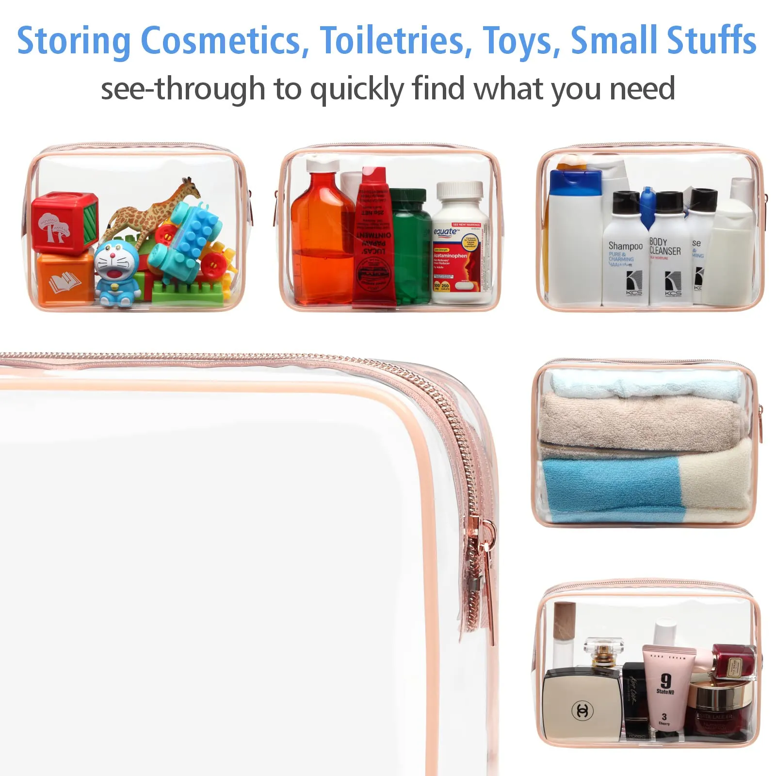 PACKISM Clear Makeup Bag - 4 Pack TSA Approved Toiletry Bag Waterproof Quart Size Travel Bag, Clear Cosmetic Bag for Women, Clear Cosmetic Bags Carry on Airport Airline Compliant Bag, Rose Pink