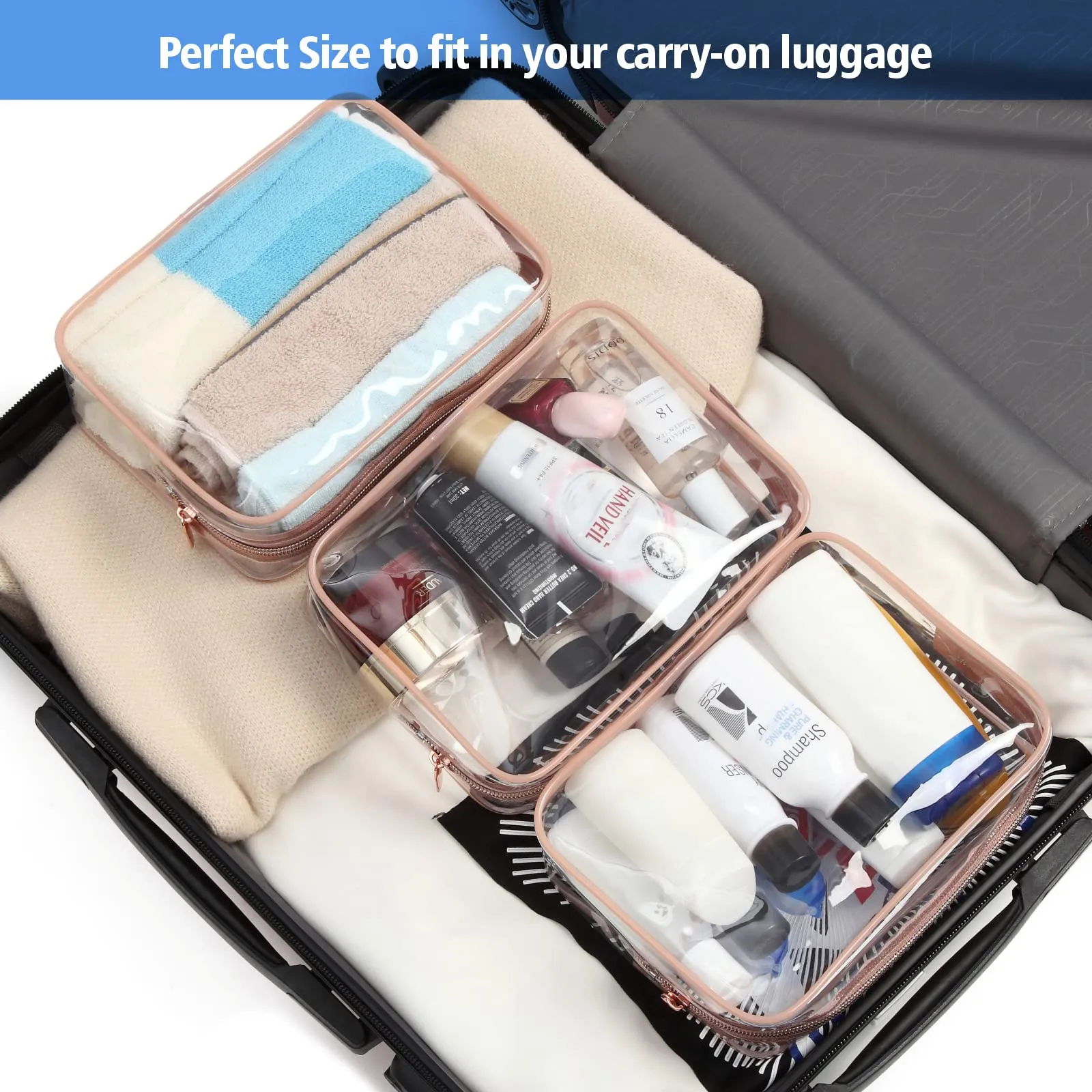PACKISM Clear Makeup Bag - 4 Pack TSA Approved Toiletry Bag Waterproof Quart Size Travel Bag, Clear Cosmetic Bag for Women, Clear Cosmetic Bags Carry on Airport Airline Compliant Bag, Rose Pink