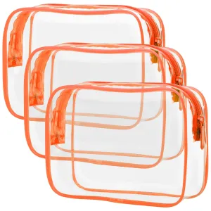 PACKISM Clear Makeup Bag with Zipper, 3 Pack TSA Approved Toiletry Bag, Beauty Cosmetic Bag, Quart Size Travel Bag, Carry-on Airport Airline Compliant Bag, Orange