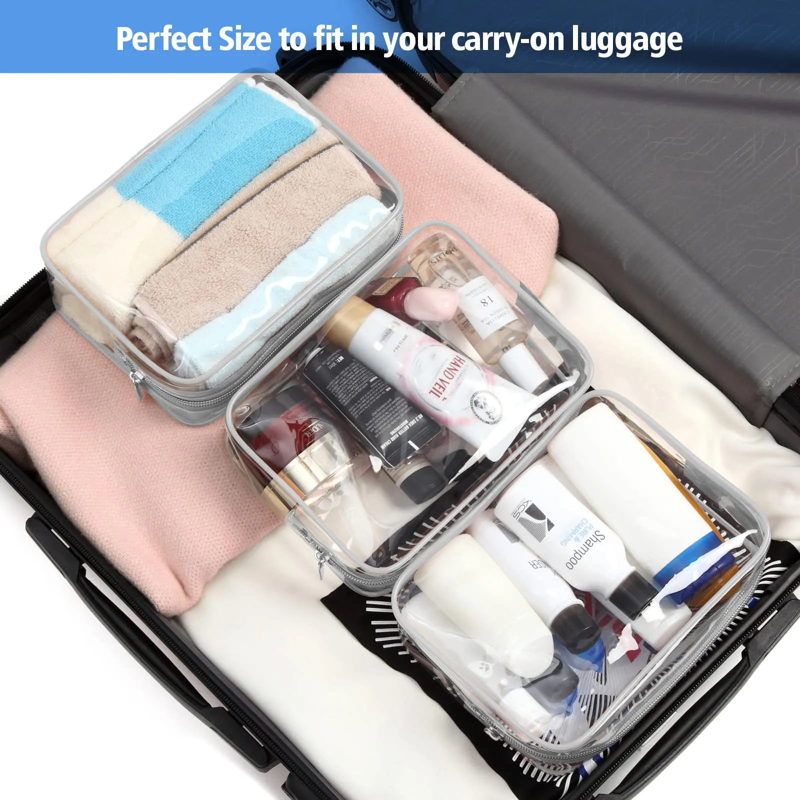 PACKISM Clear Makeup Bags, 2 Pack Quart Size Travel TSA Approved Travel for Toiletries,Cosmetic Bags Carry on Clear ToiletyTSA Approved Toiletry Bags, Grey