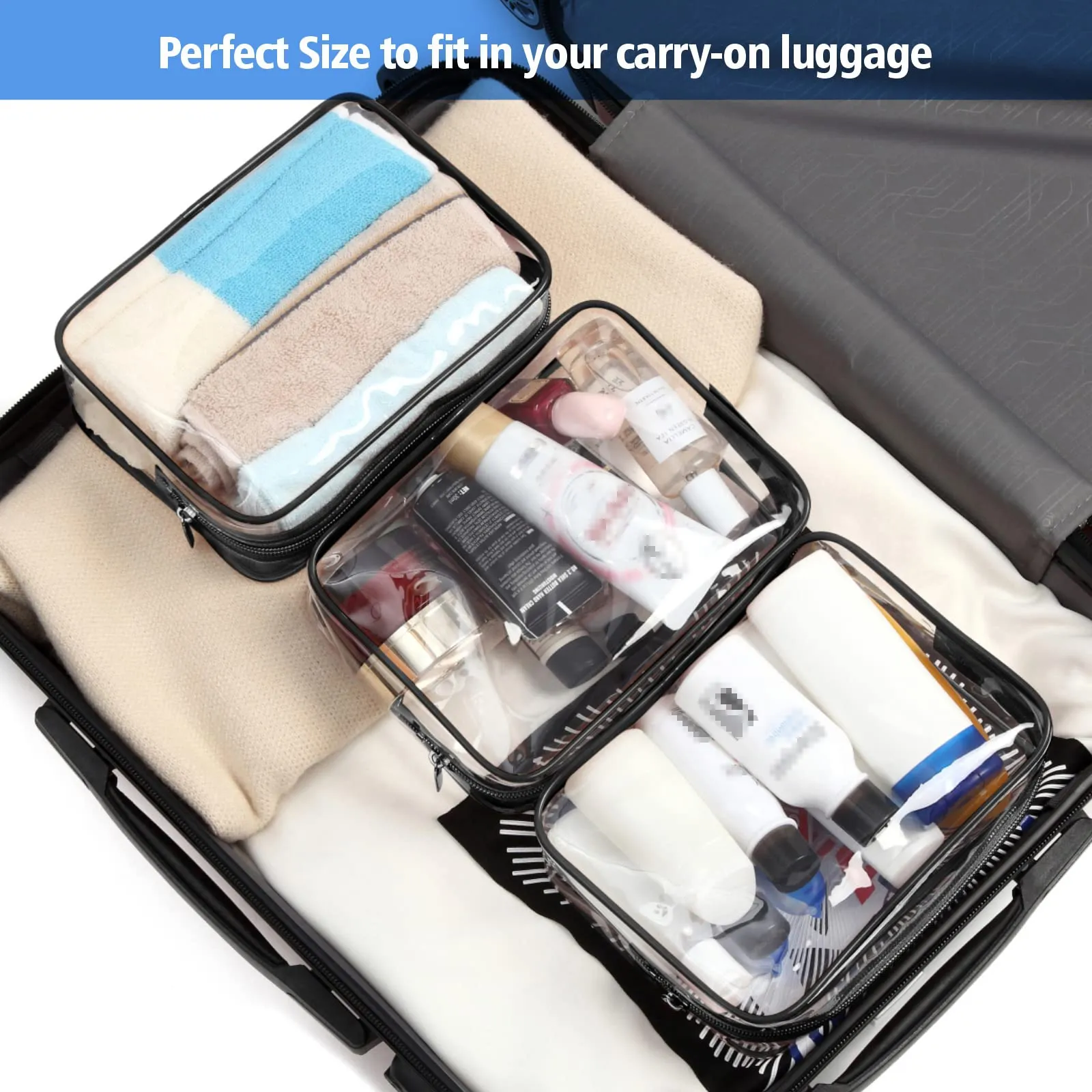 PACKISM Clear Makeup Bags - 3 Pack Quart Size Travel Bag TSA Approved Travel for Toiletries, Cosmetic Bags Carry on Clear Toiletry TSA Approved Toiletry, Black Large