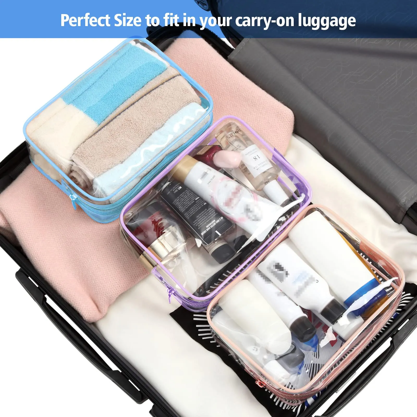 PACKISM Clear Toiletry Bag - 3 Pack TSA Approved Toiletry Bag Quart Size Bag, Travel Makeup Cosmetic Bag for Women Men, Carry on Airport Airline Compliant Bag, Blue-Purple-Pink