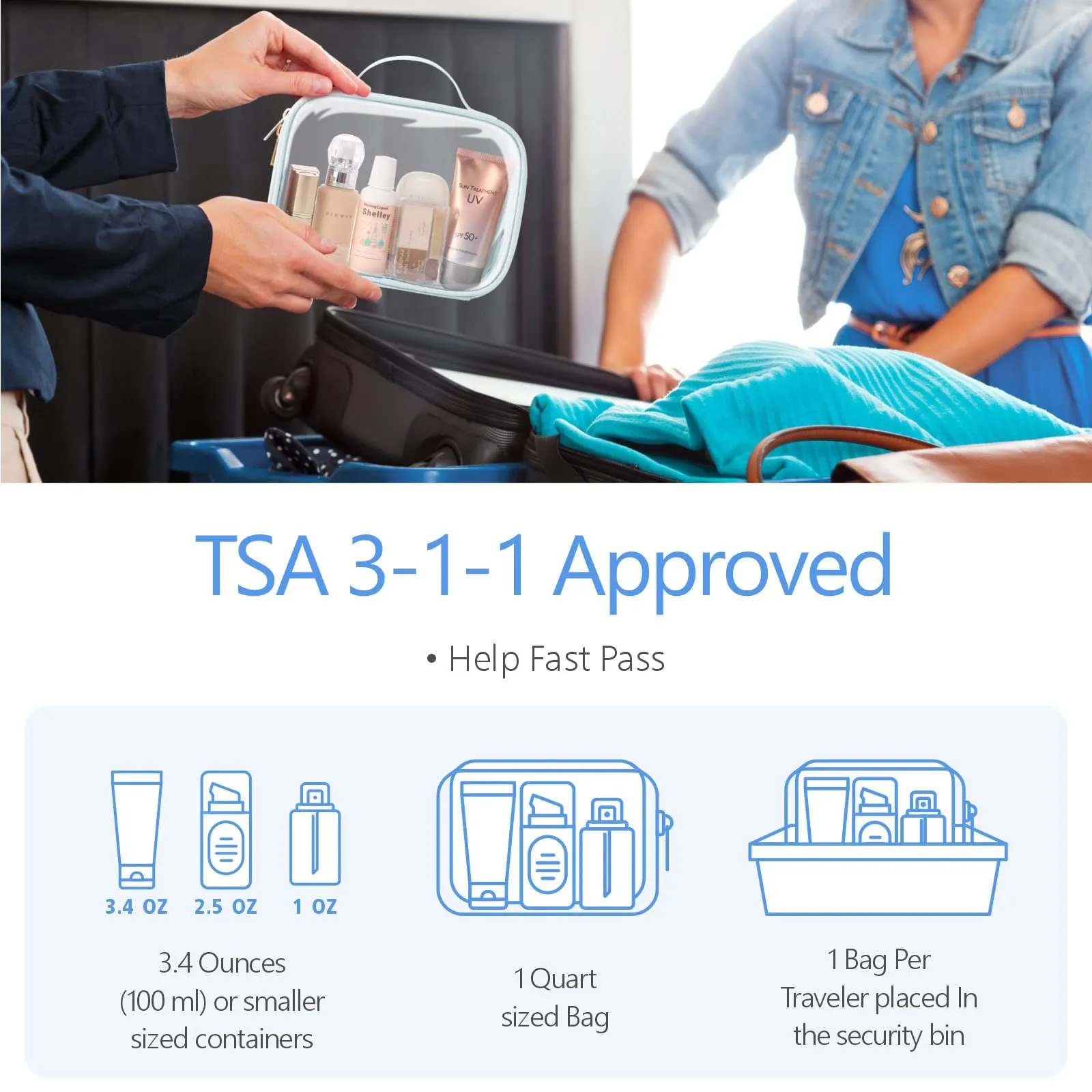 PACKISM TSA Approved Toiletry Bag, 3 Pack Clear Makeup Bags with Handle Large Opening, Clear Toiletry Bags Fit Carry-on Travel Essentials, Quart-sized Clear Travel Bags for Toiletries, Multicolor