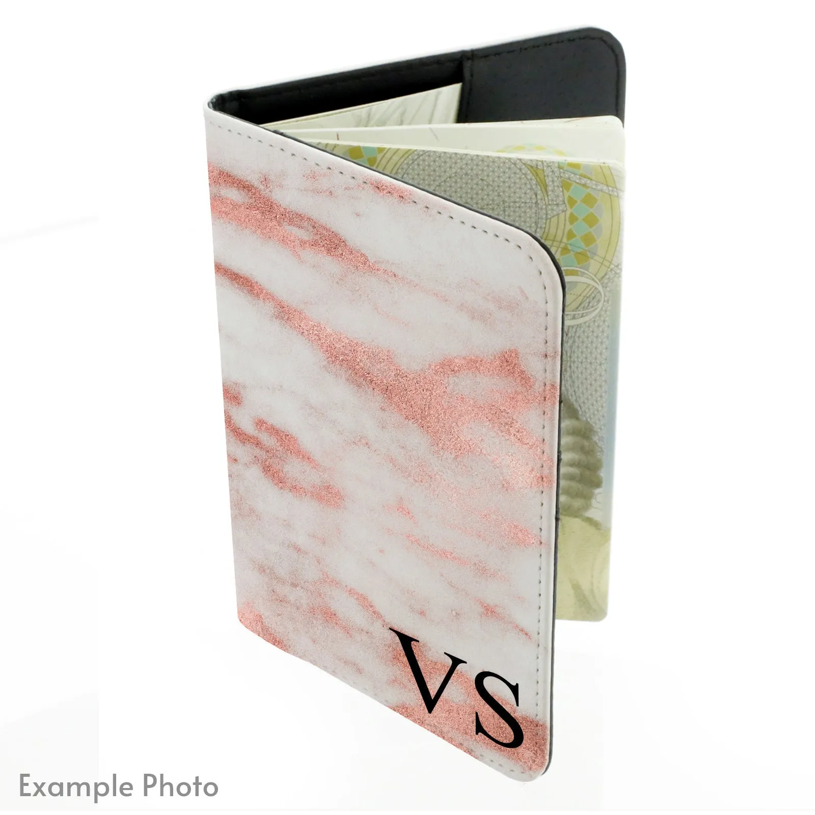 Personalised Passport Case & Tag with Black Marble & Text - Half Print