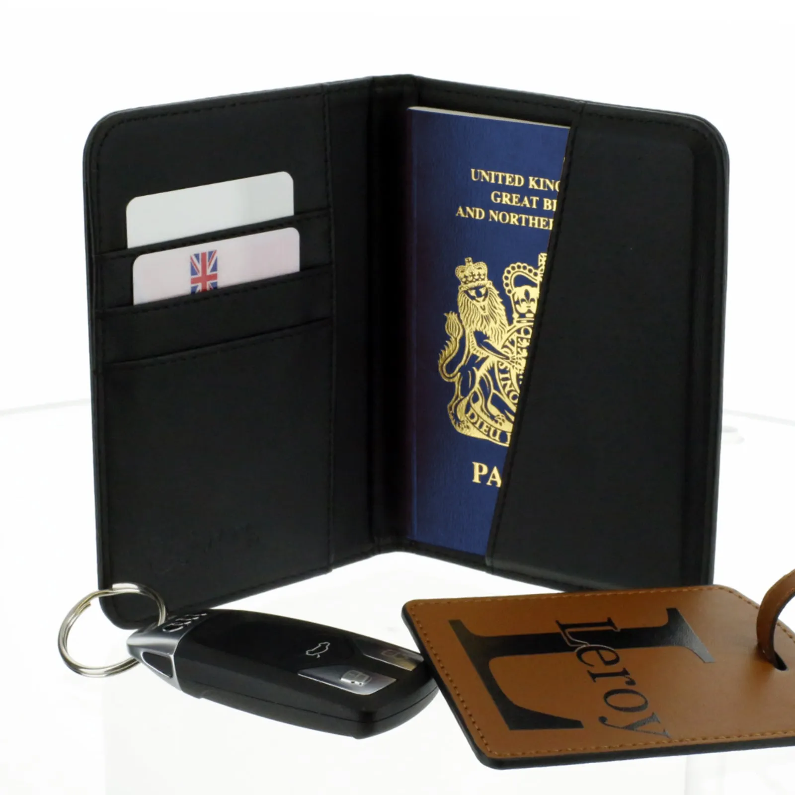 Personalised Passport Case & Tag with Black Marble & Text - Half Print