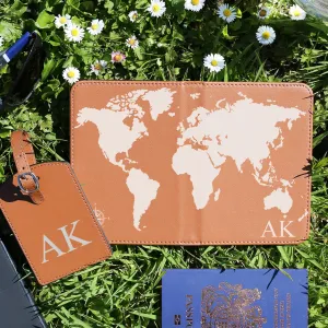 Personalised Passport Case & Tag with Grey World Map & Text - Brown