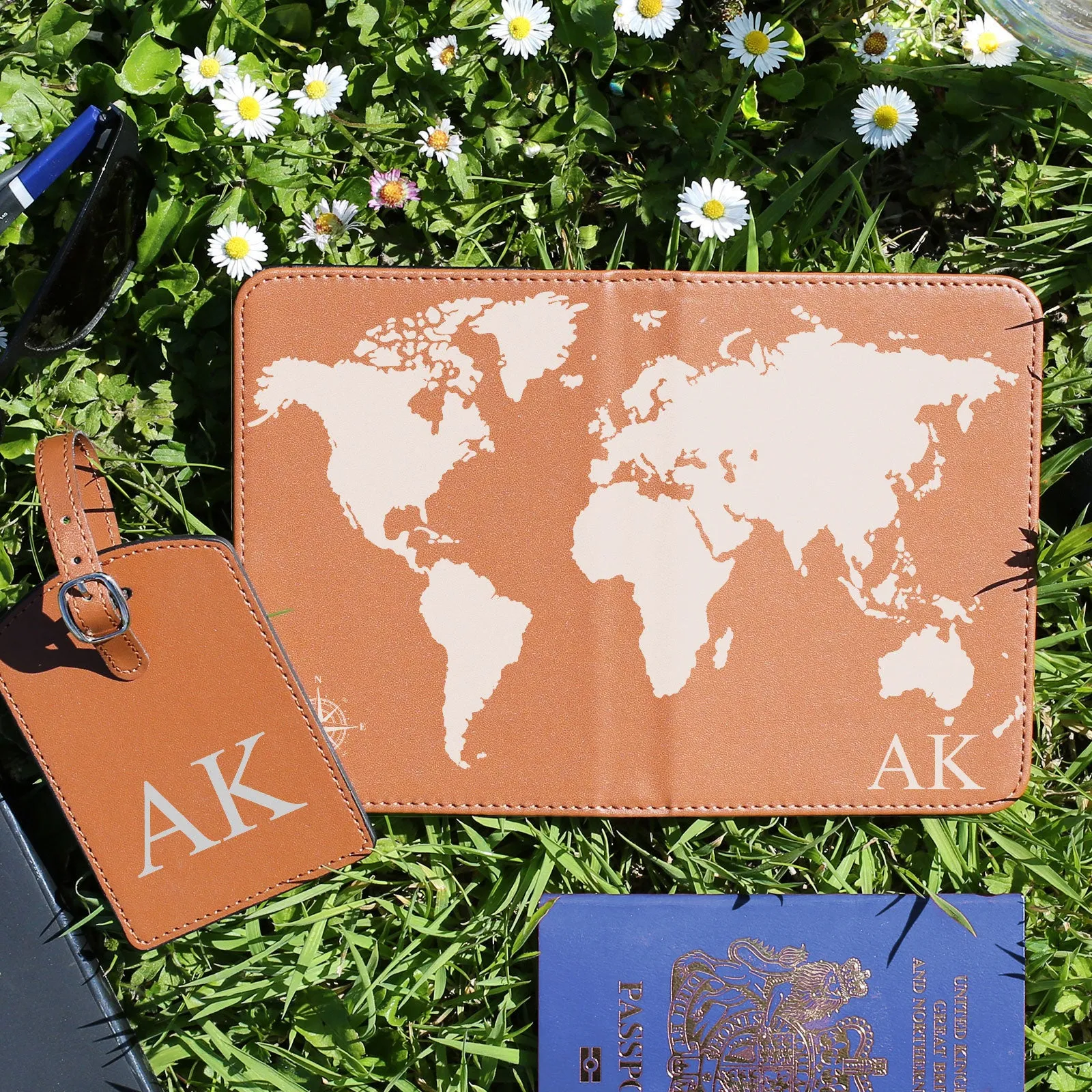 Personalised Passport Case & Tag with Grey World Map & Text - Brown