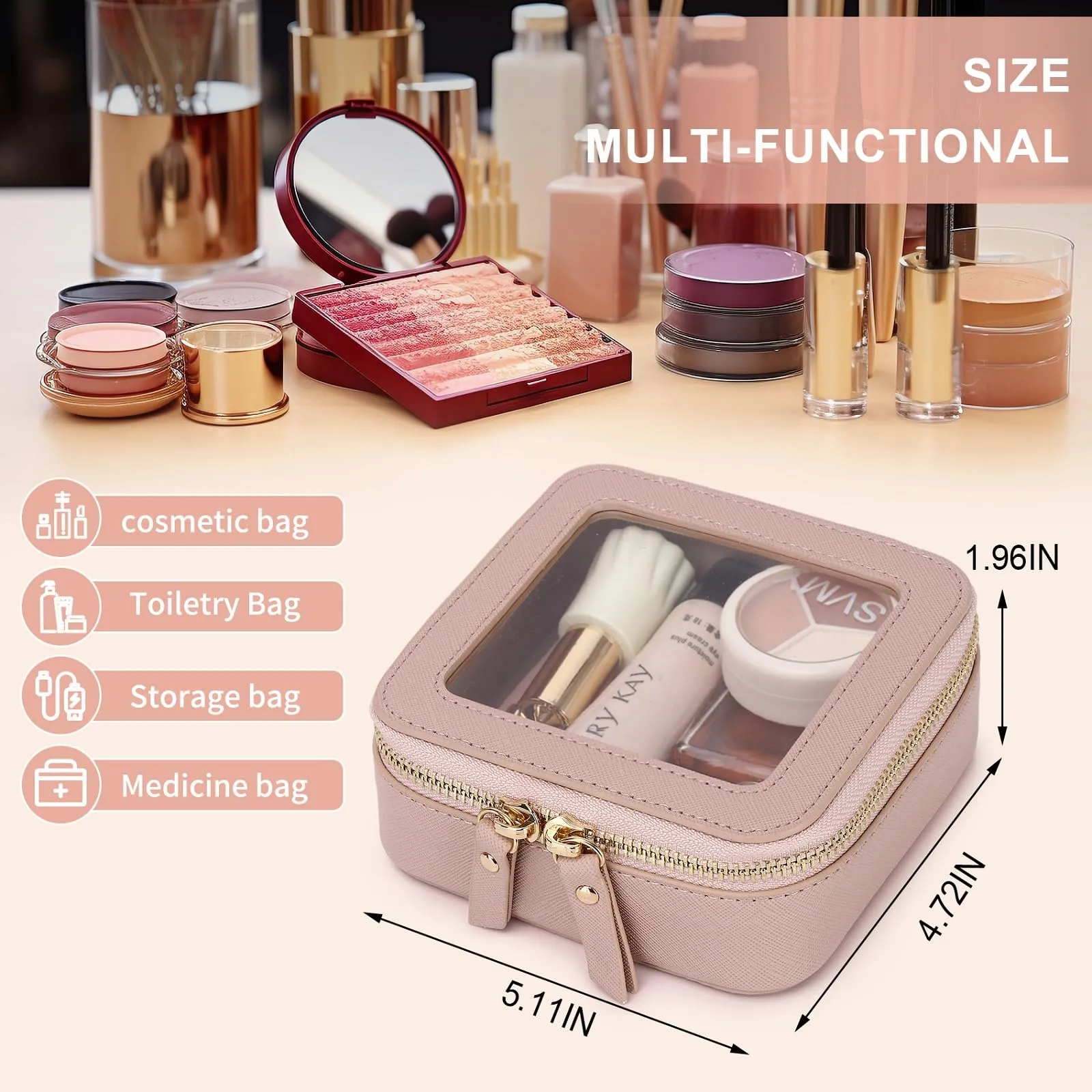 Pinkmik Small Makeup Bag Mini Clear Cosmetic Makeup Case & Toiletry Bag with Zipper Women's Purse Organizer & Car Essentials (Pink, MINI-1)