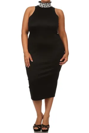 Plus Size Mod Maze Print High-Neck Midi Black Dress