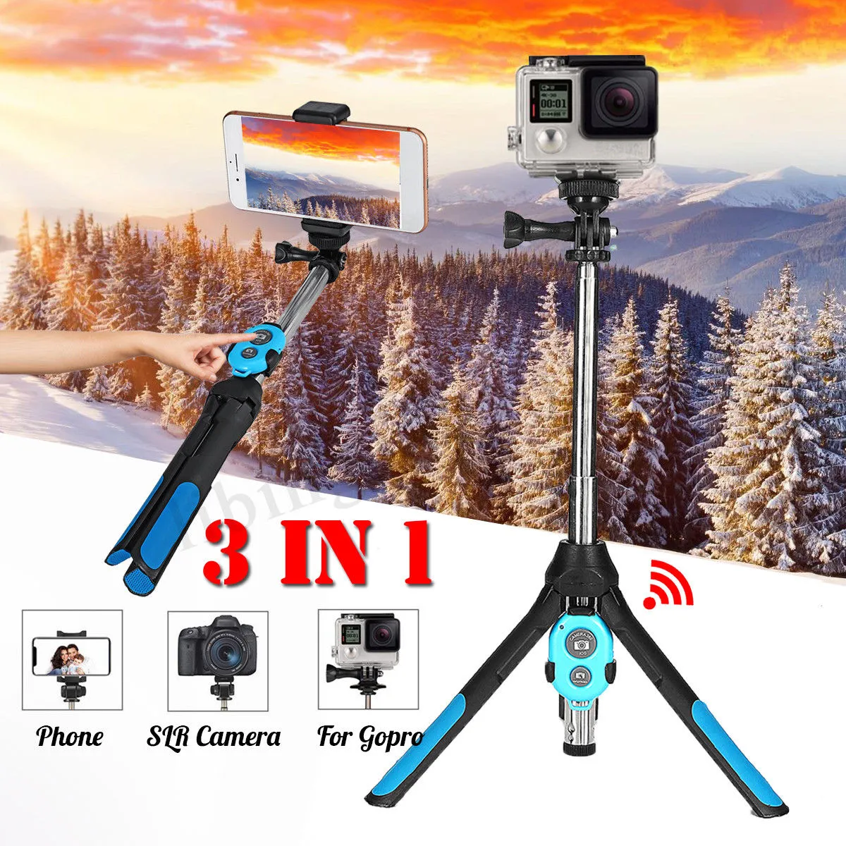 Portable Extendable Monopod Selfie Stick Tripod Bluetooth Remote for Phone Camera GoPro blue
