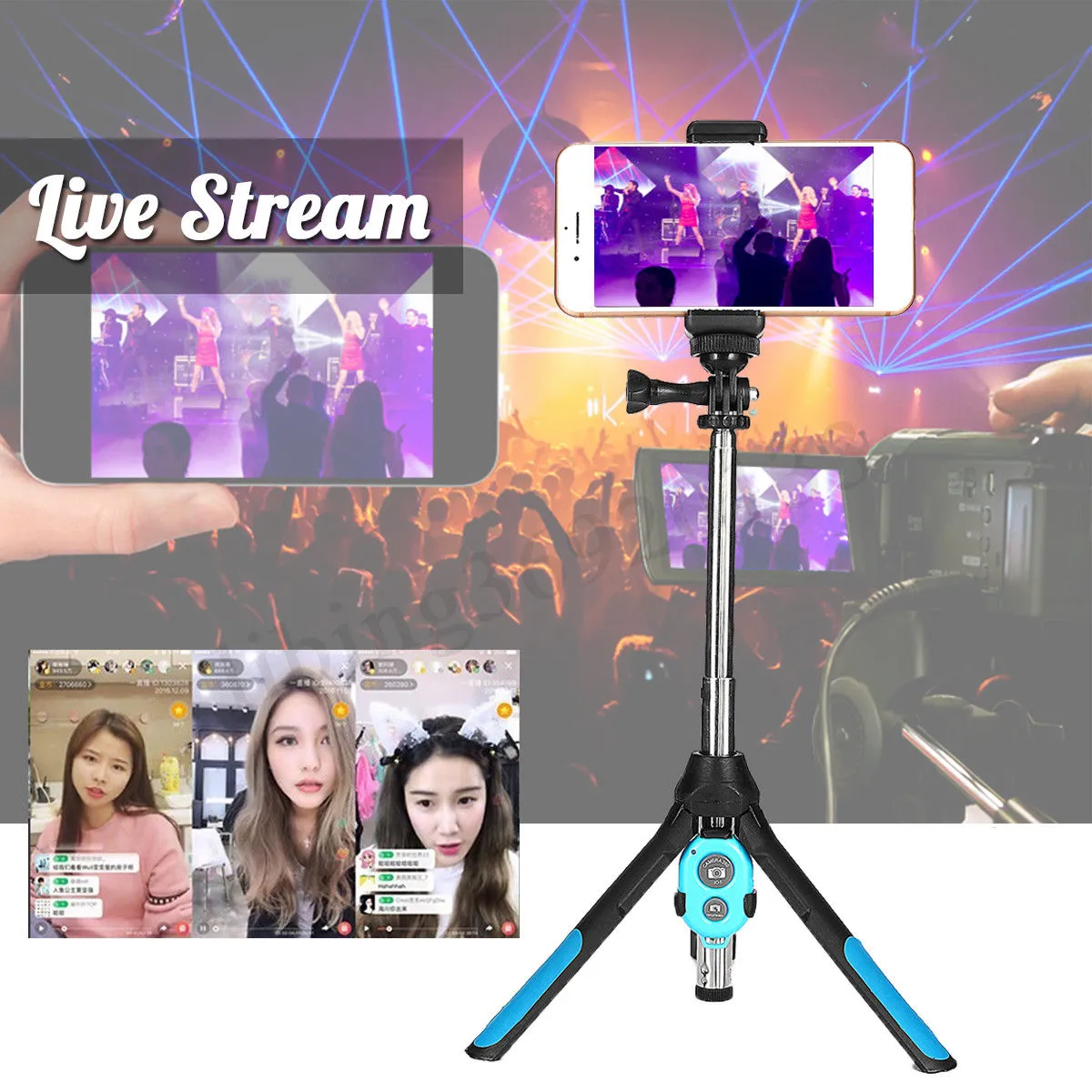 Portable Extendable Monopod Selfie Stick Tripod Bluetooth Remote for Phone Camera GoPro blue