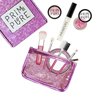 Prim and Pure Kids Glitter Cosmetic Mineral Makeup Play Set Bundle with Brushes and Mirror (Pink)