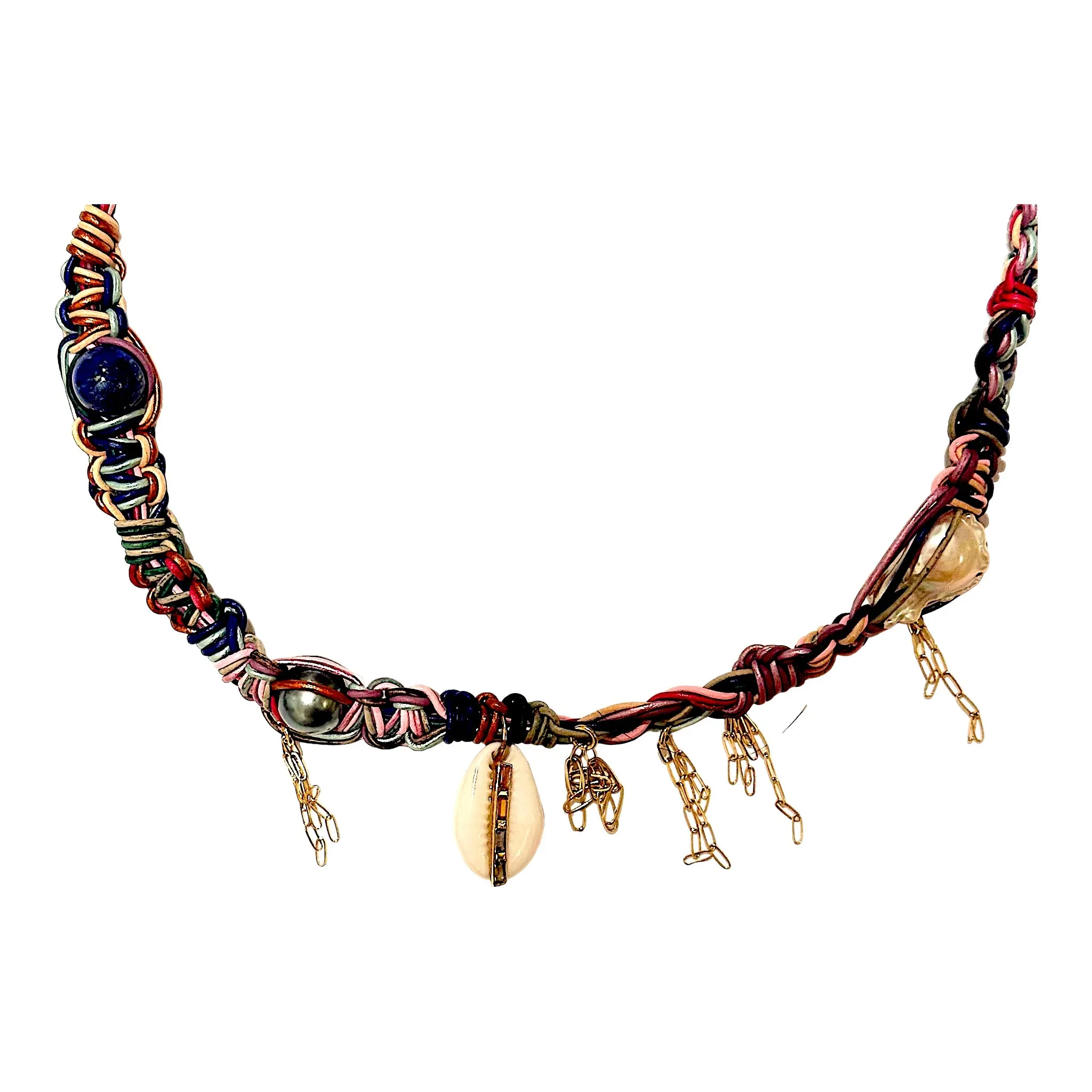 Rainbow Sapphire Cowrie Seashell Diamond Leather Rockstar Necklace