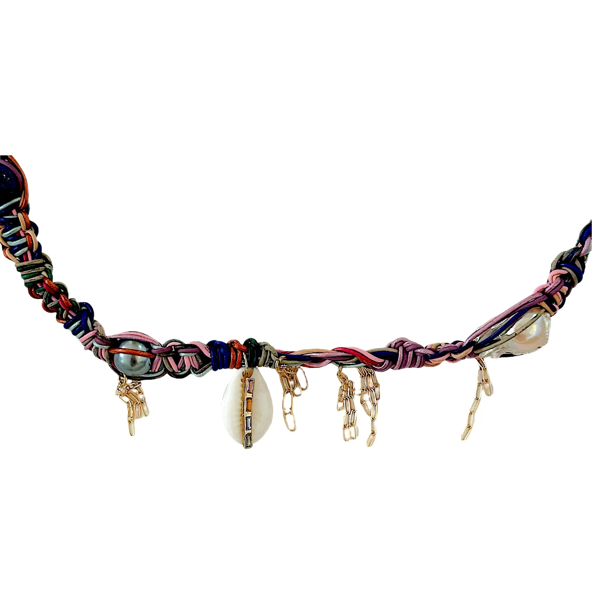 Rainbow Sapphire Cowrie Seashell Diamond Leather Rockstar Necklace