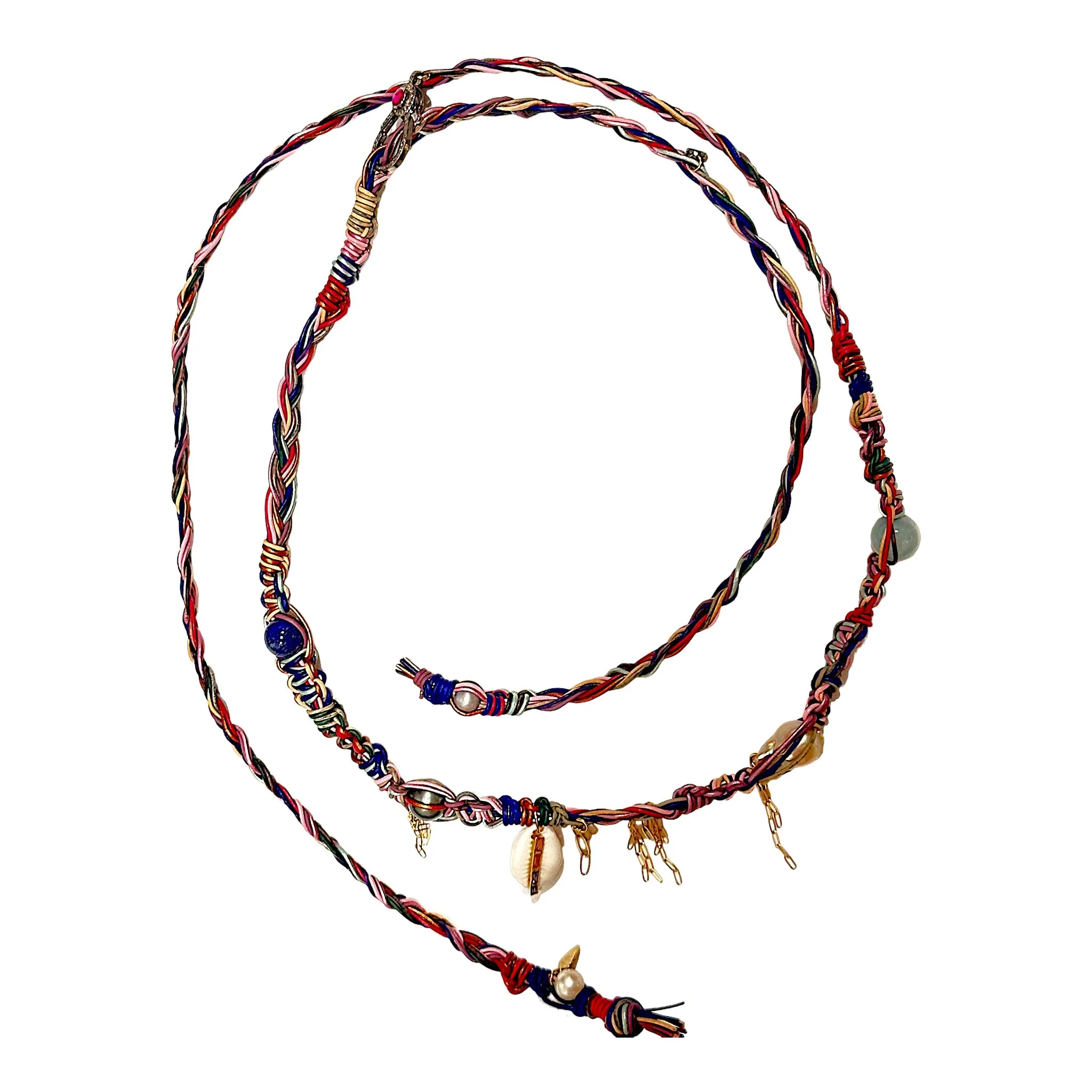 Rainbow Sapphire Cowrie Seashell Diamond Leather Rockstar Necklace
