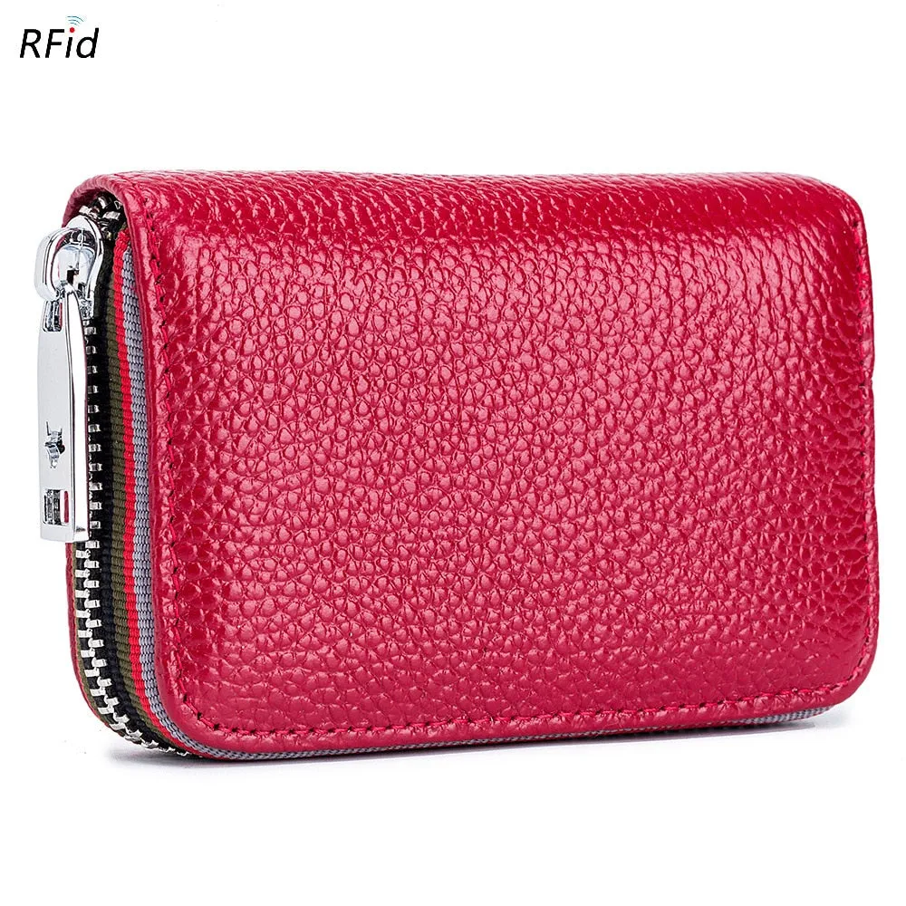 Realaiot Genuine Leather Men Women Card Holder Small Zipper Wallet Solid Coin Purse Accordion Design rfid ID Business Credit Card Bags