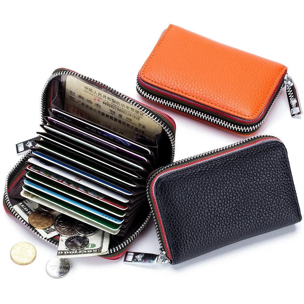 Realaiot Genuine Leather Men Women Card Holder Small Zipper Wallet Solid Coin Purse Accordion Design rfid ID Business Credit Card Bags