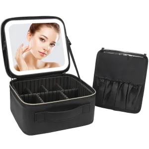 Relavel Makeup Bag with LED Mirror, Travel Make Up Bag Cosmetic Organizer Case with Makeup Mirror for Women, Rechargeable Vanity Mirror with 3 Color Light & Brightness Adjustment, Adjustable Dividers