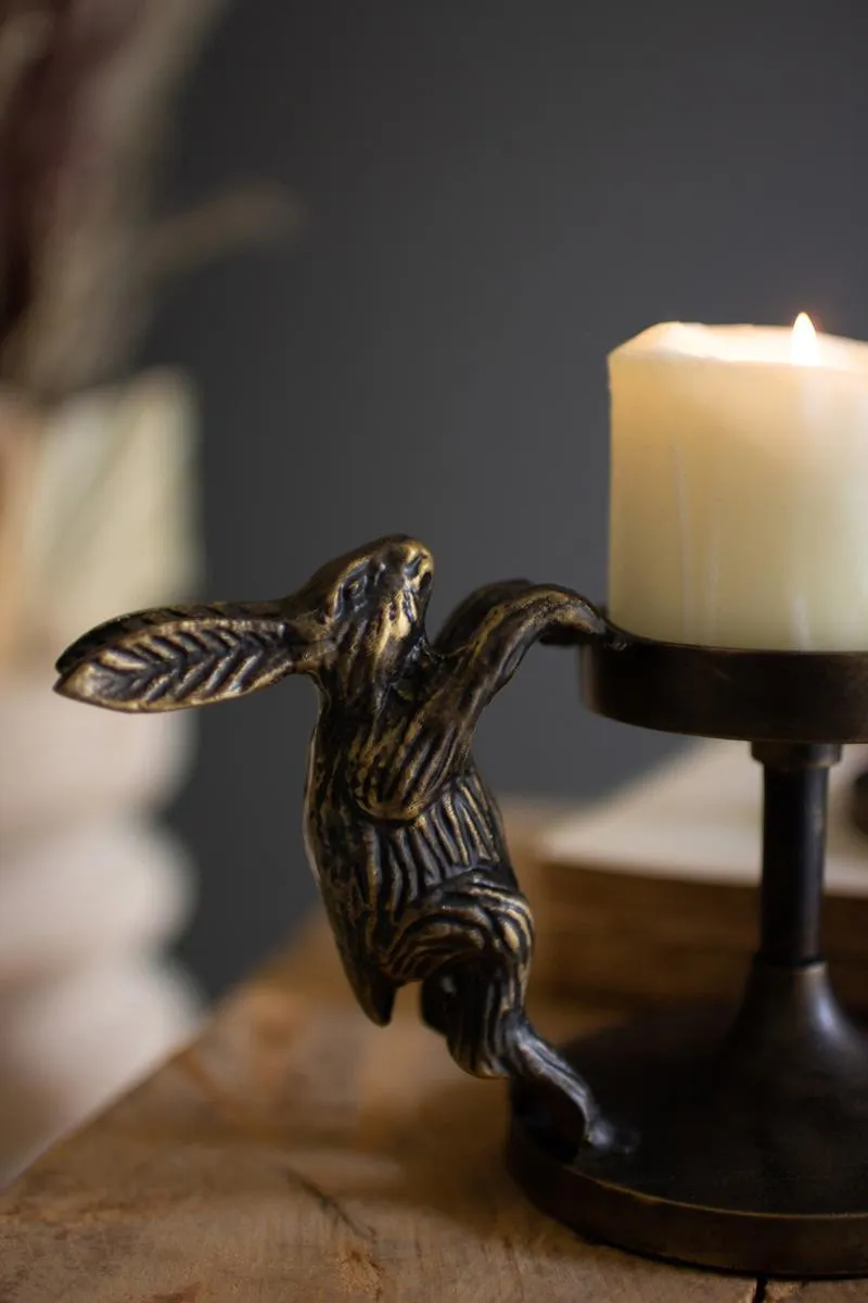 Set of 2 Antique Brass Cast Aluminum Rabbit Candle Holders