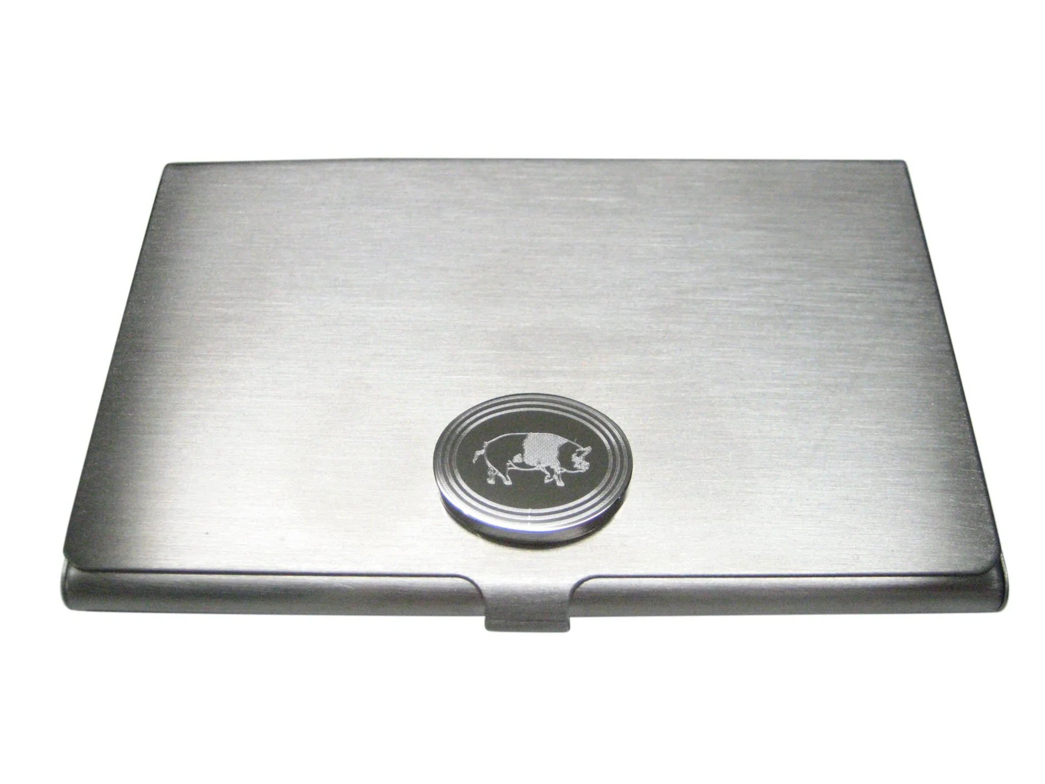 Silver Toned Etched Oval Pig Business Card Holder