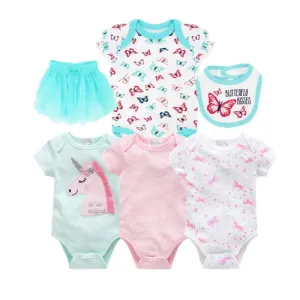 Six Piece Bodysuits with Teal TuTu Skirt and Bib Set