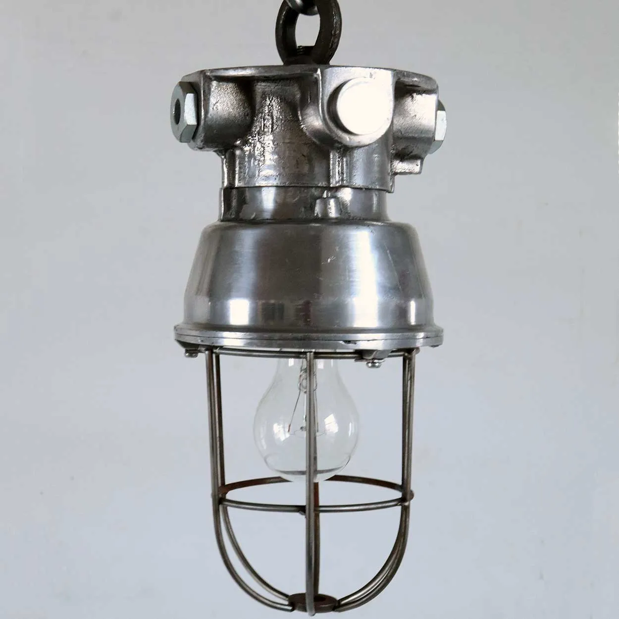 Small Vintage Style Industrial Aluminum Caged Ceiling Pendant Light