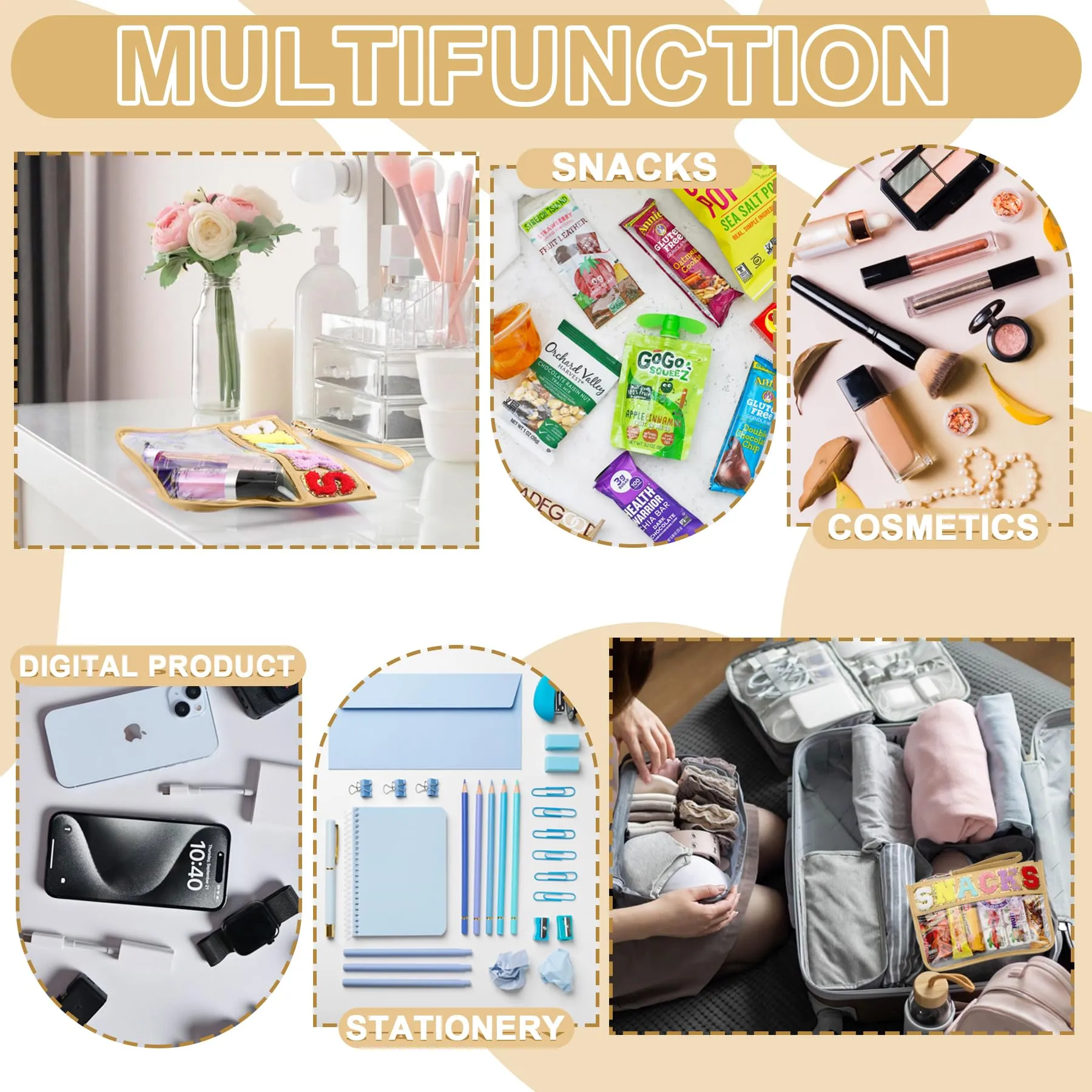 Snack Bag for Travel - Clear Chenille Varsity Letter Flat Pouch with Zipper, Waterproof Clear PVC&PU Preppy Patch Makeup Cosmetic tote Bags for Women Girls (Beige-Snacks)