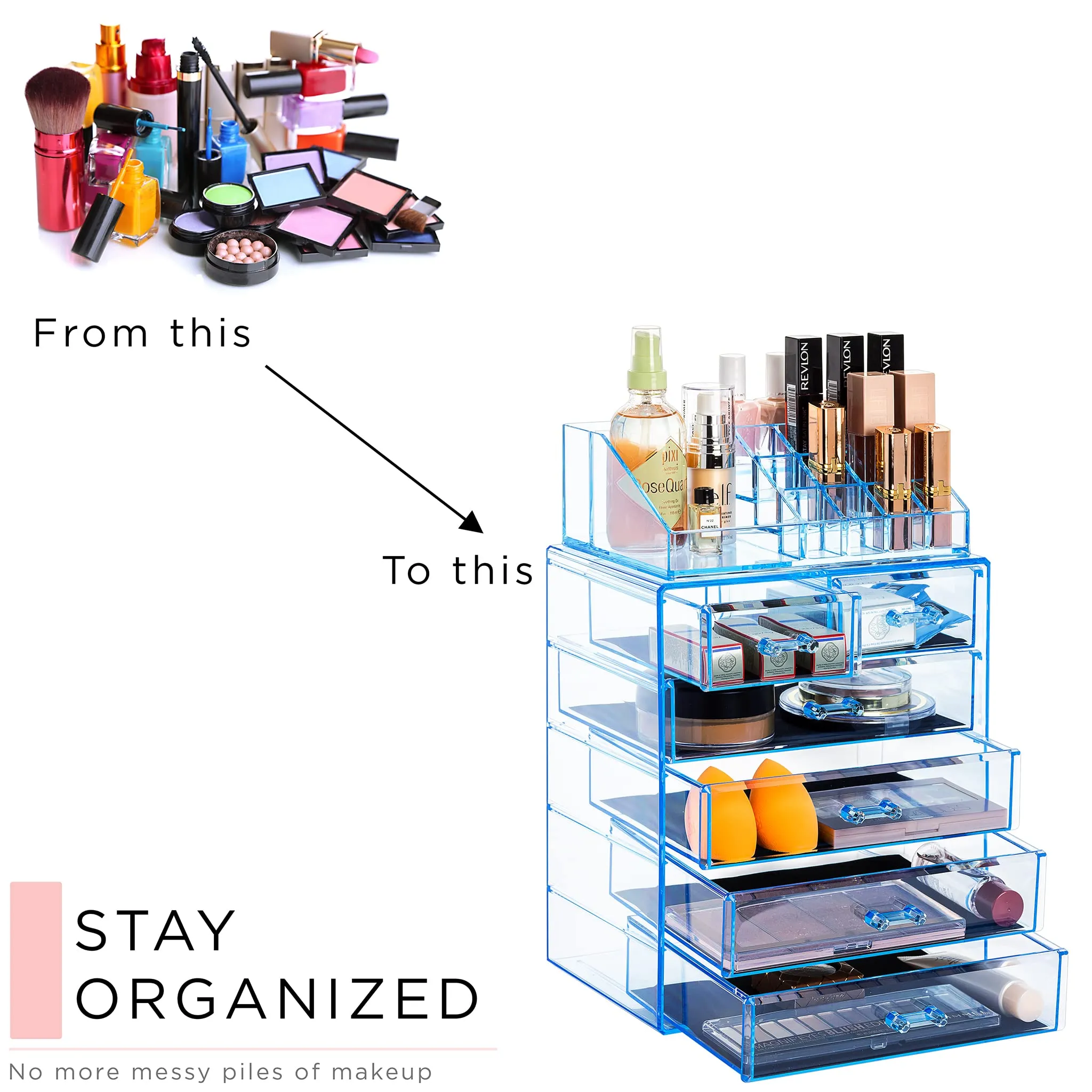 Sorbus Clear Cosmetic Makeup Organizer - Make Up & Jewelry Storage, Case & Display - Spacious Design - Great for Dresser, Bathroom, Vanity & Countertop (3 Large, 4 Small Drawers) [Blue Brilliance]