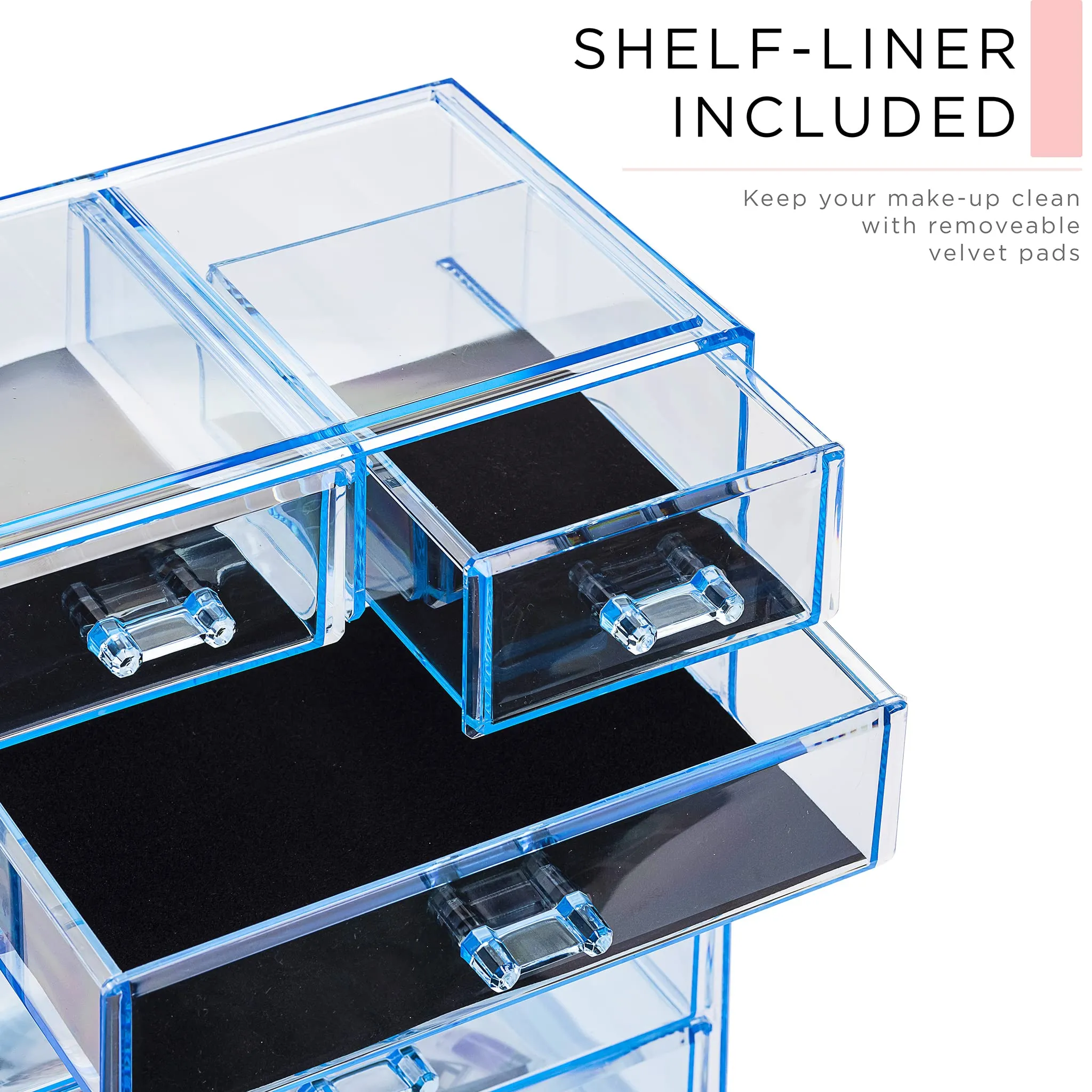 Sorbus Clear Cosmetic Makeup Organizer - Make Up & Jewelry Storage, Case & Display - Spacious Design - Great for Dresser, Bathroom, Vanity & Countertop (3 Large, 4 Small Drawers) [Blue Brilliance]