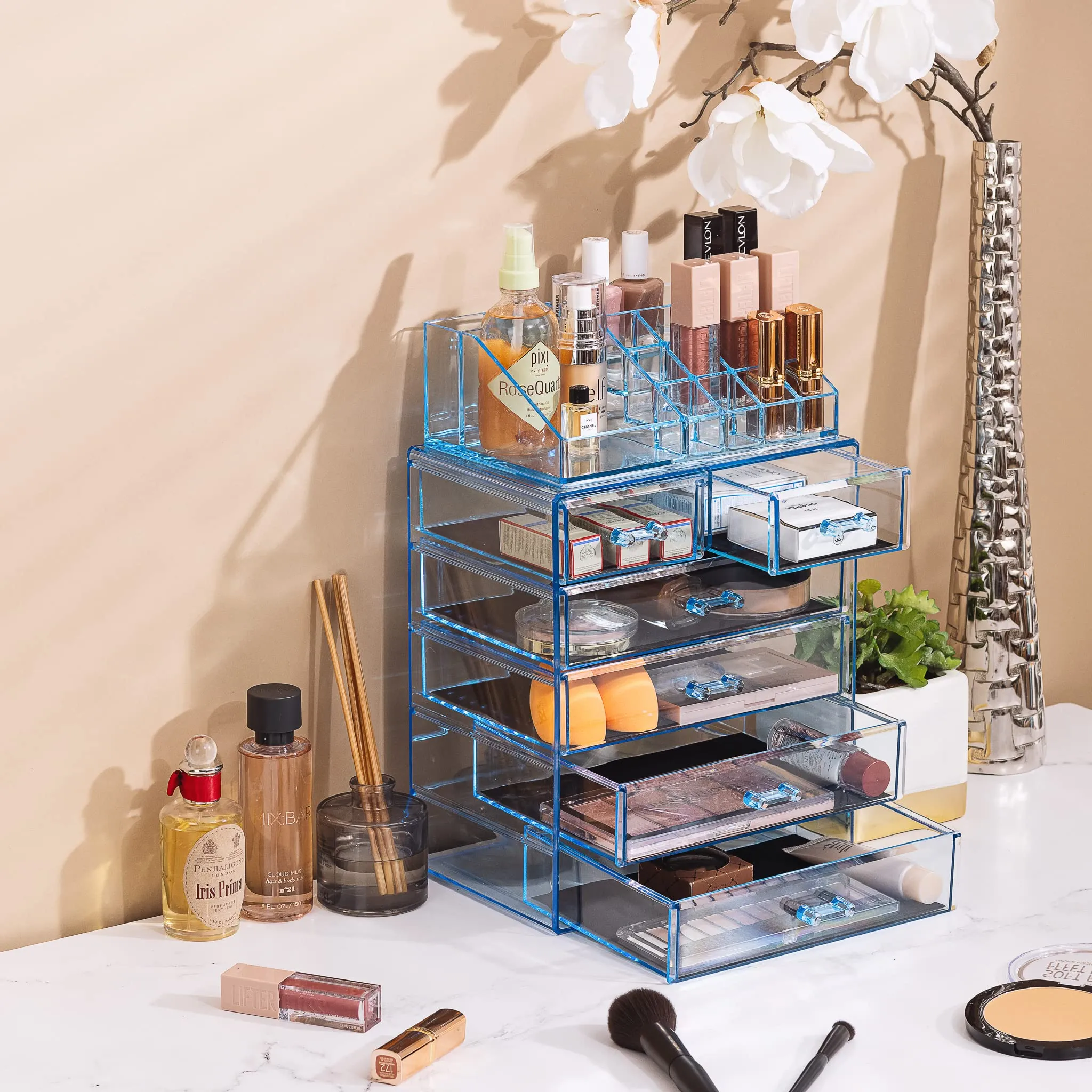 Sorbus Clear Cosmetic Makeup Organizer - Make Up & Jewelry Storage, Case & Display - Spacious Design - Great for Dresser, Bathroom, Vanity & Countertop (3 Large, 4 Small Drawers) [Blue Brilliance]